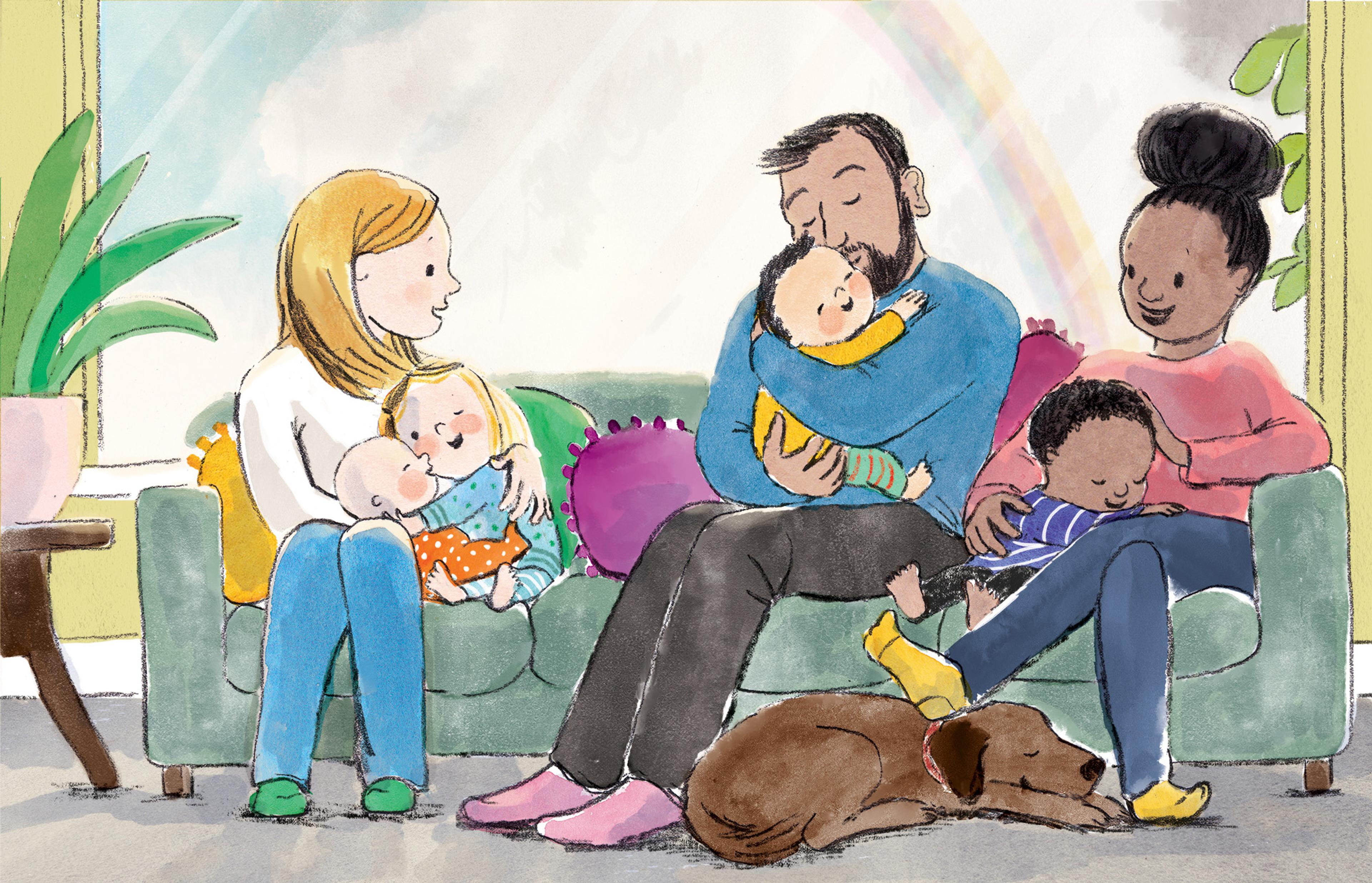 Illustration of 3 adults, sitting on a sofa with a dog on the floor in front of them. The adult on the left has two children in their arms, and the other adults each have a child in their arms.
