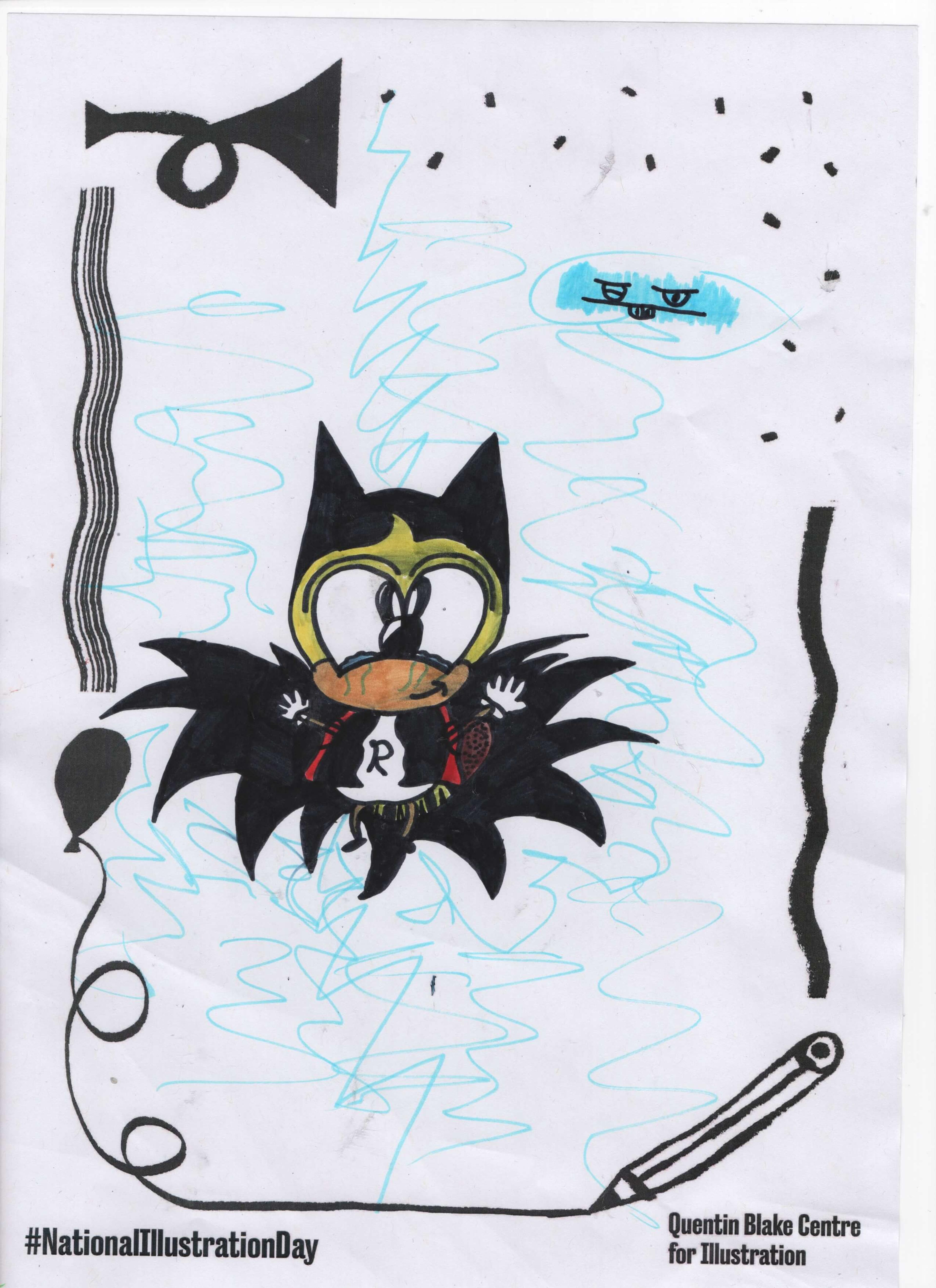 Cartoon drawing of a smiling superhero character wearing a Batman-style mask and cape. They have the letter 'R' on their chest.