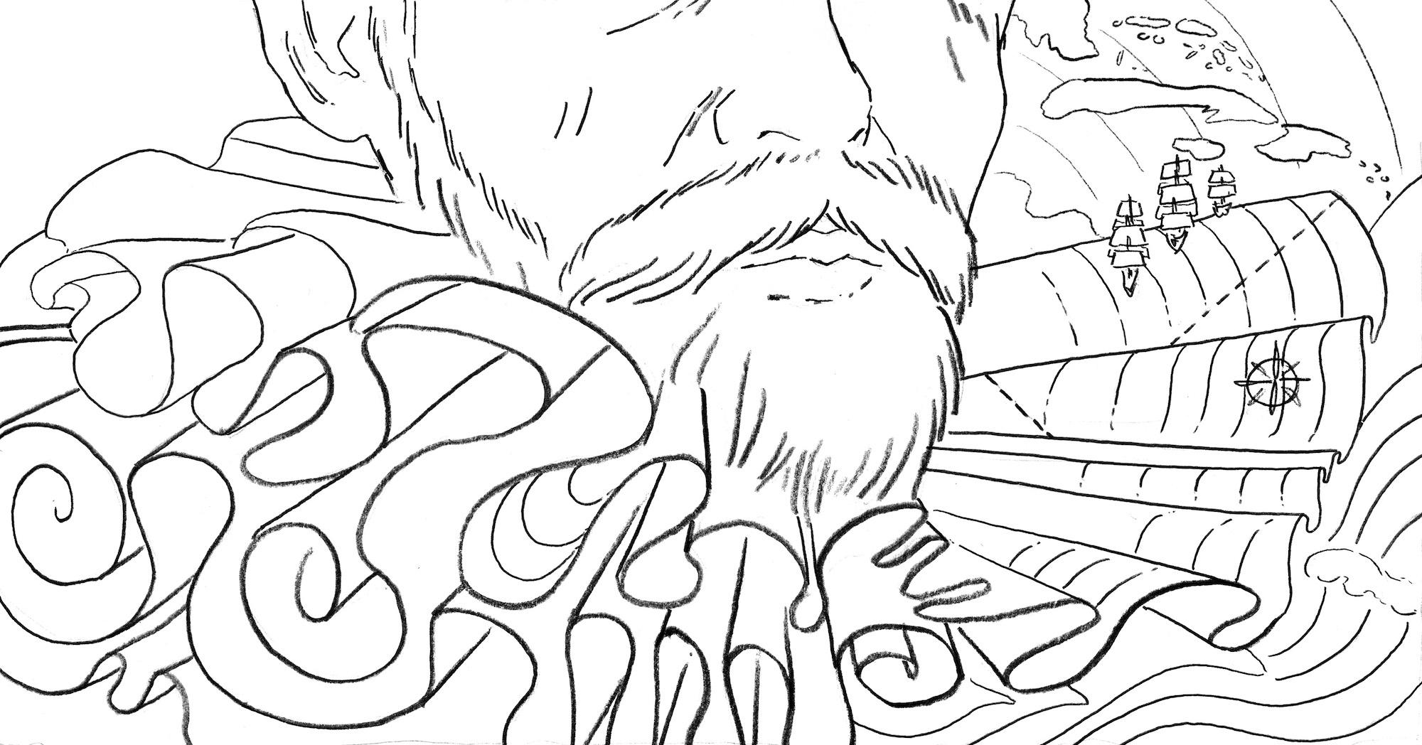 Line drawing of a bearded man wearing a ruff with the ruffs on one side transforming into a seascape and map with three small ships heading in the direction of some islands in the distance