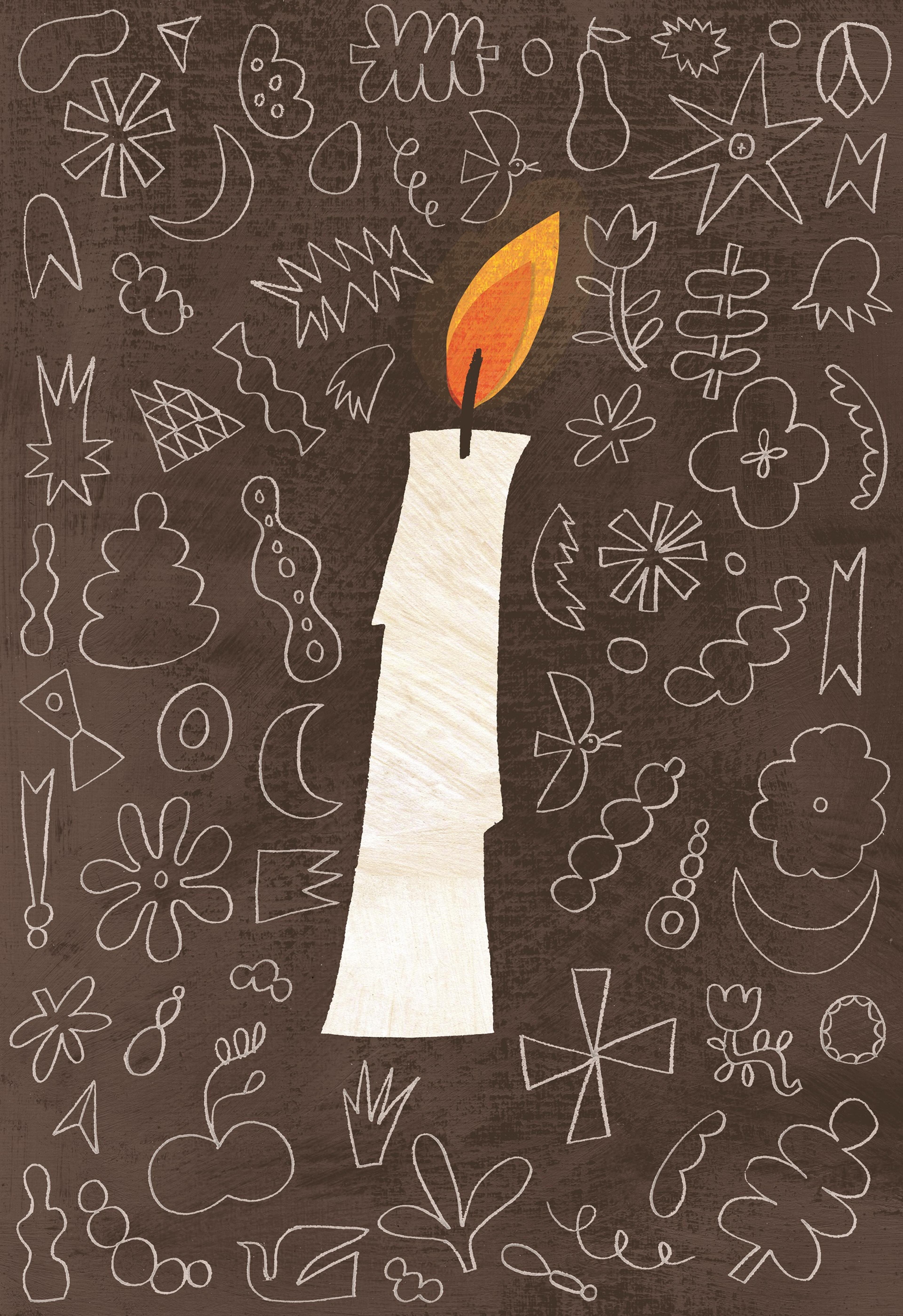 Illustration of a candle surrounded by shapes including flowers, a crown and a moon