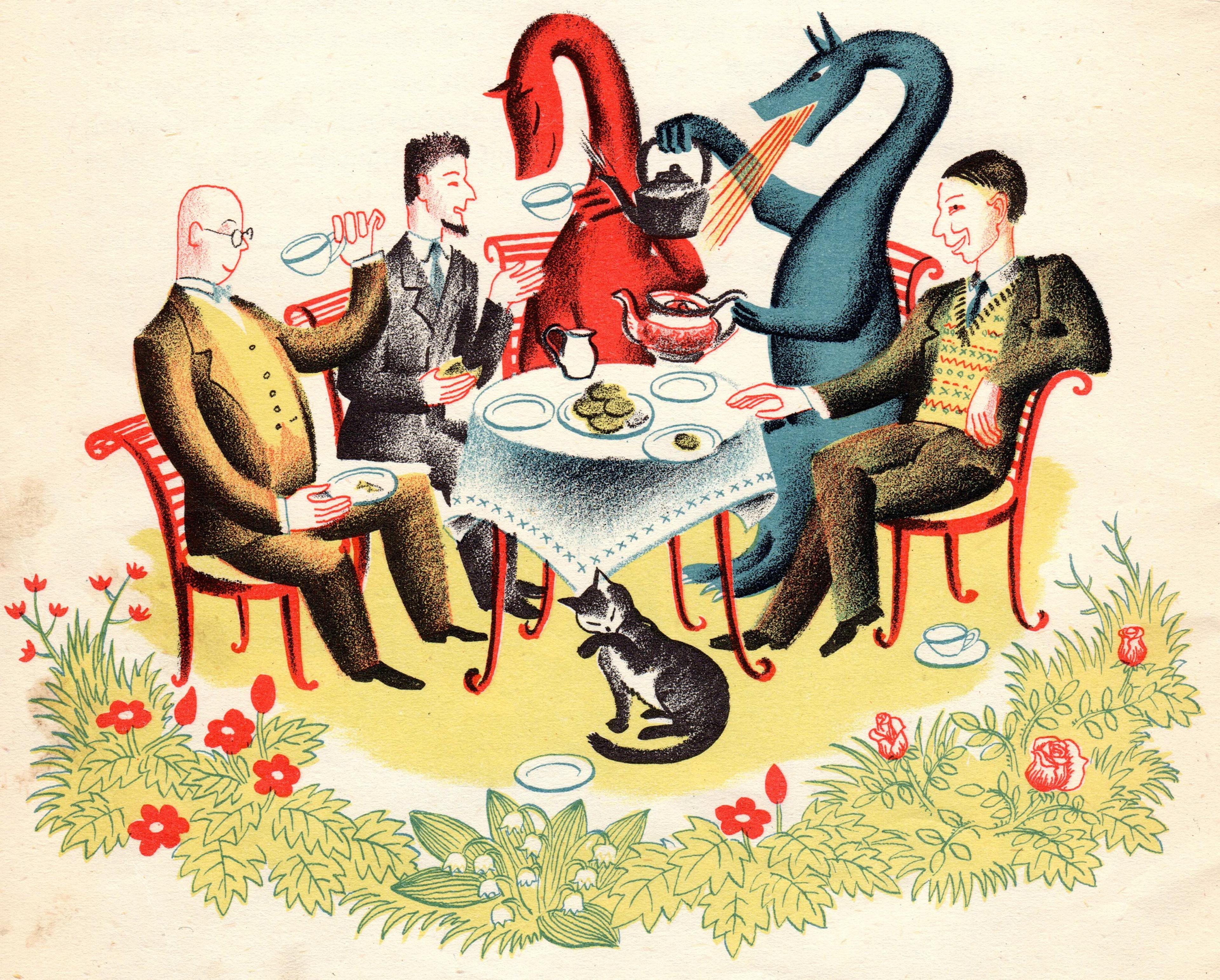 Three people, two dragons and a cat having a tea party