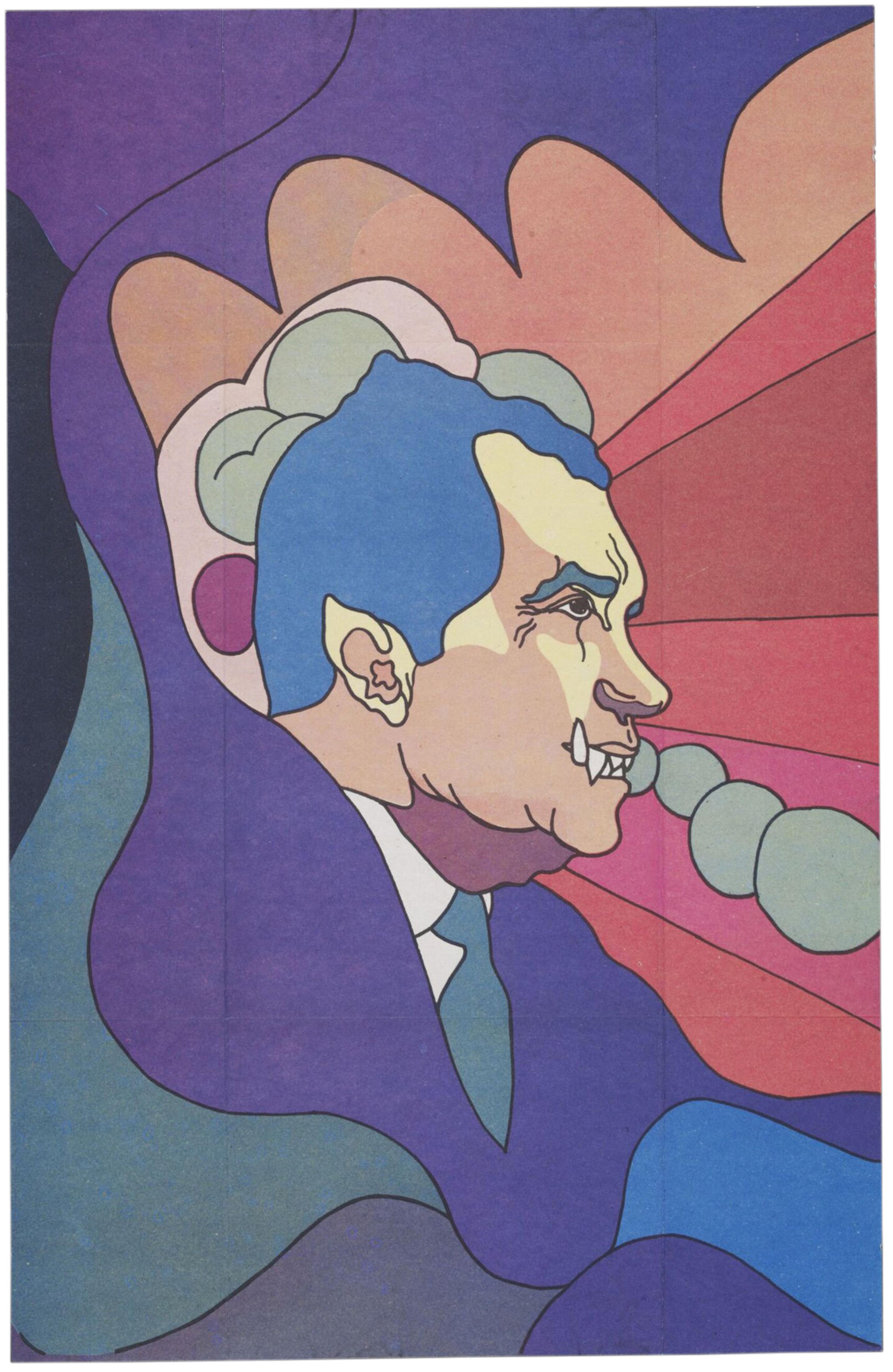 Colour offset lithograph poster depicting Richard Nixon with fangs on a multicoloured psychedelic background. The poster is double sided and can be folded so he appears without fangs on one side and with fangs on the other.