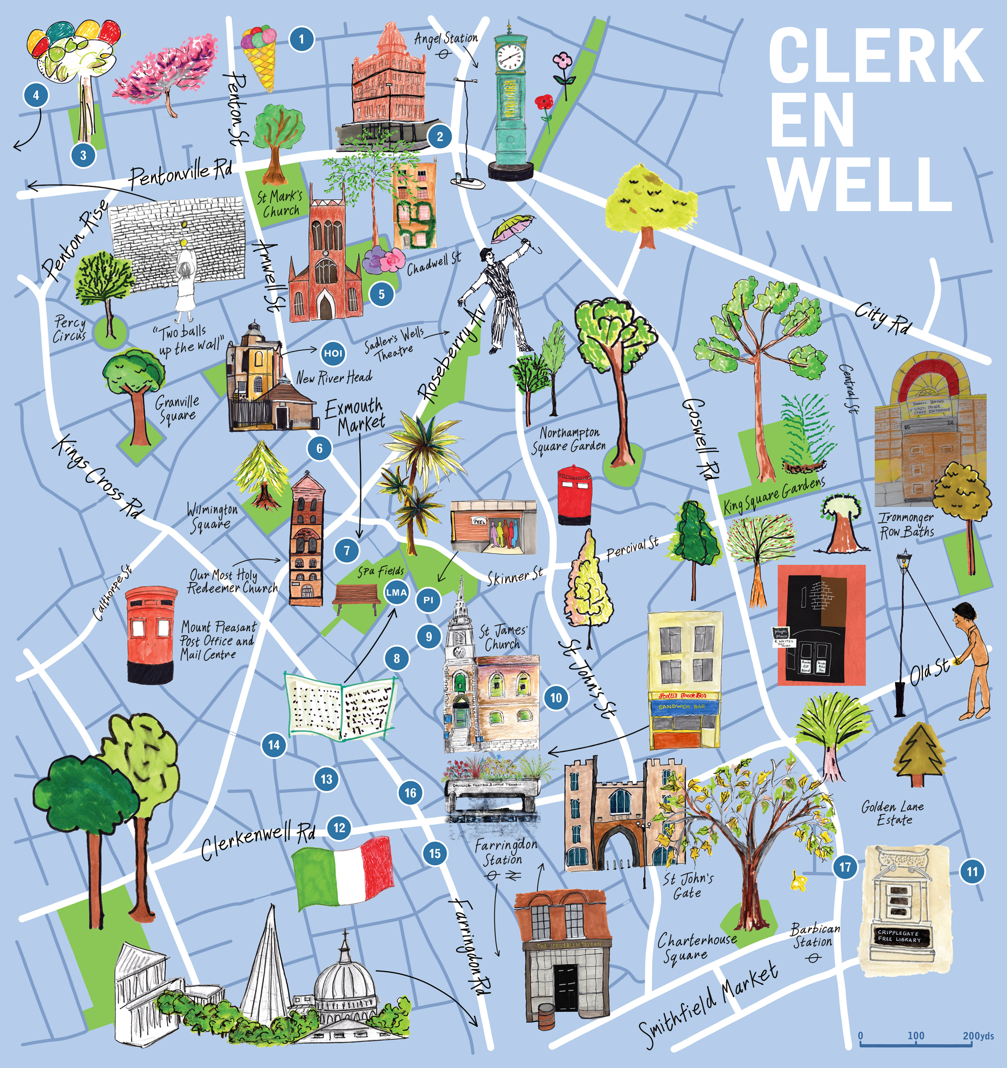 A map of Clerkenwell with illustrations of buildings, architectural features and people