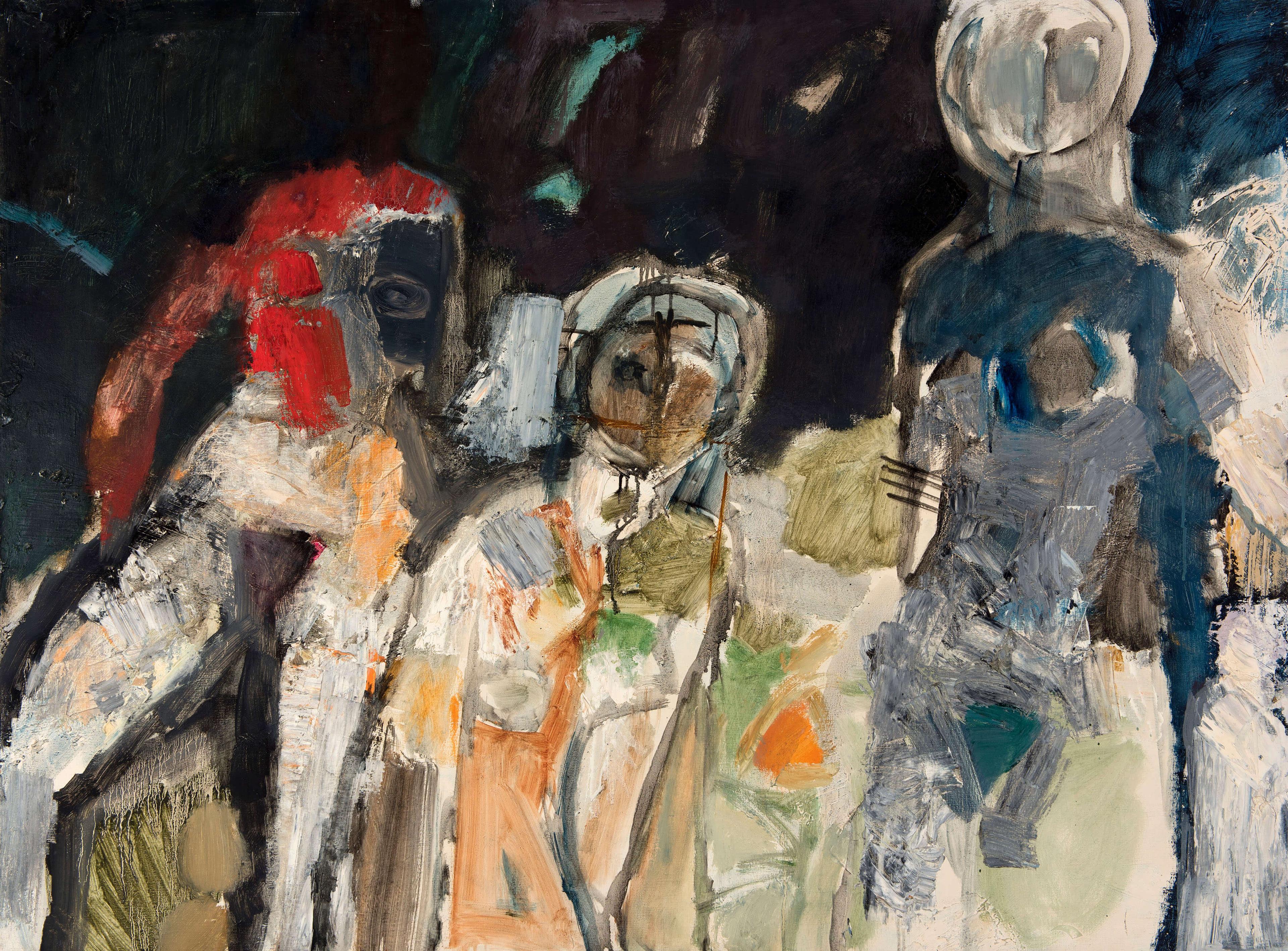 Bold painting of three abstract figures