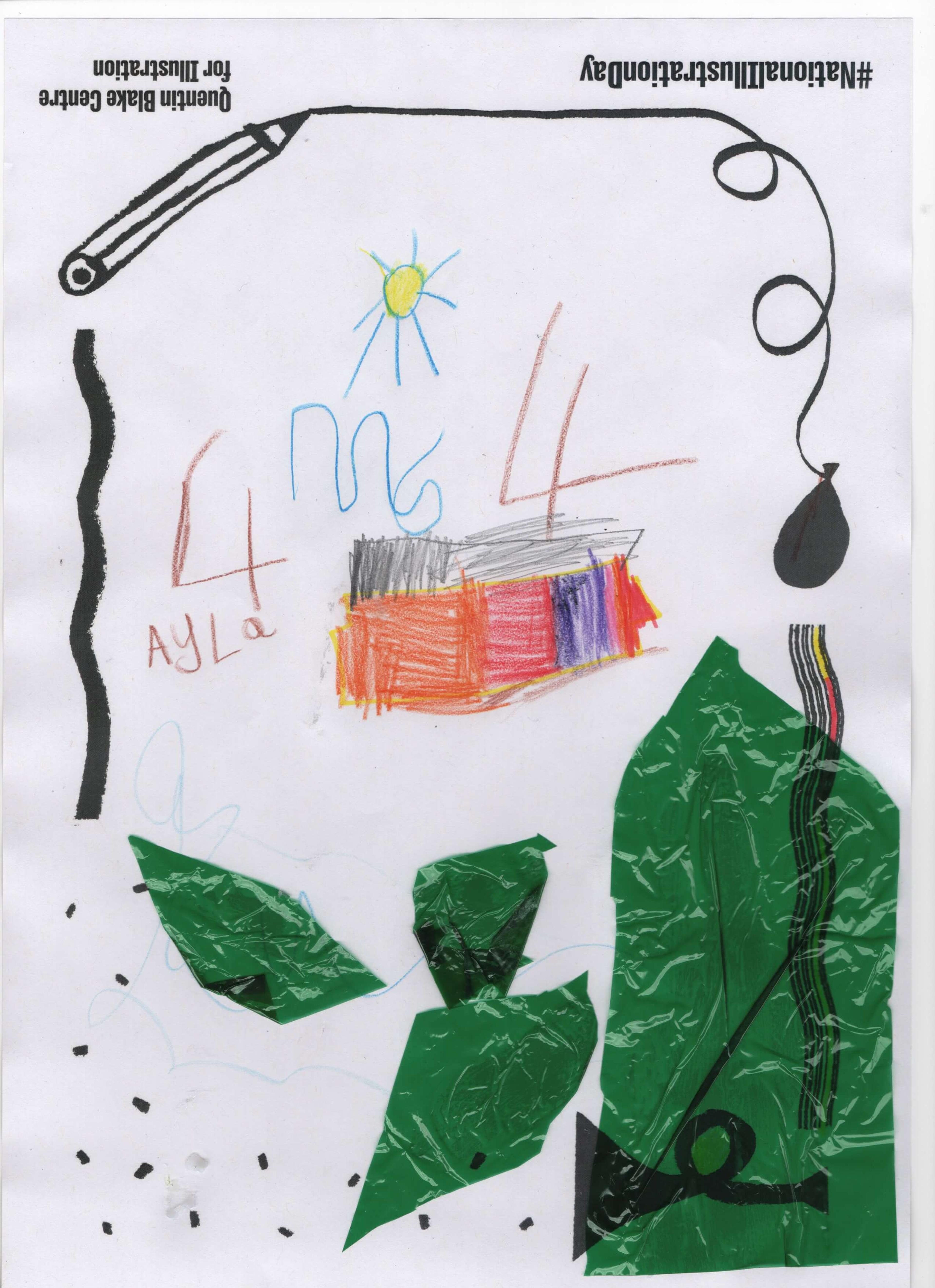 Abstract picture by a young child featuring stuck-on blocks of green cellophane, colour pencil marks, and a small sun.