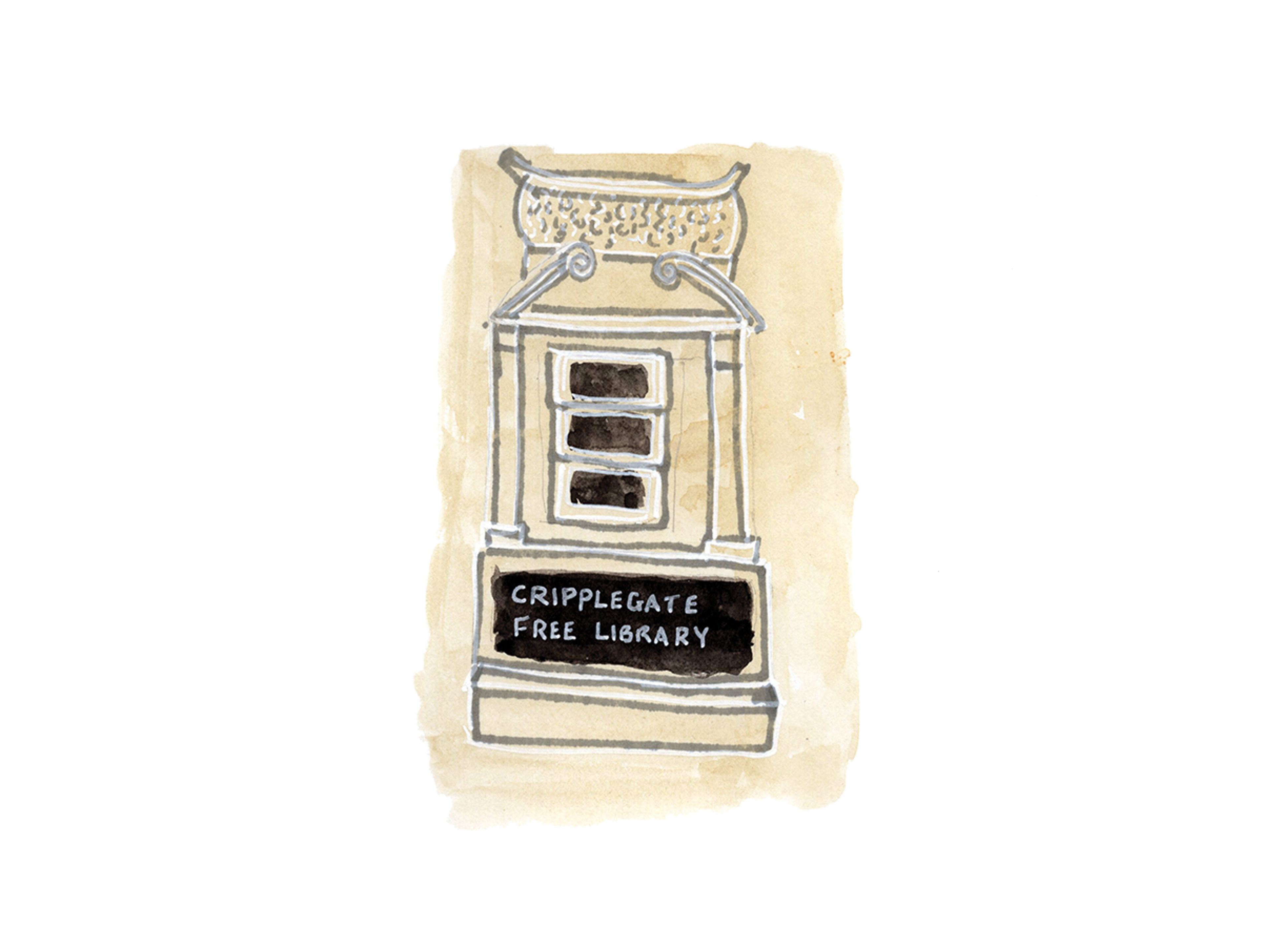 Illustration of an ornate architectural feature, possibly a postbox, with a sign reading Cripplegate Free Library