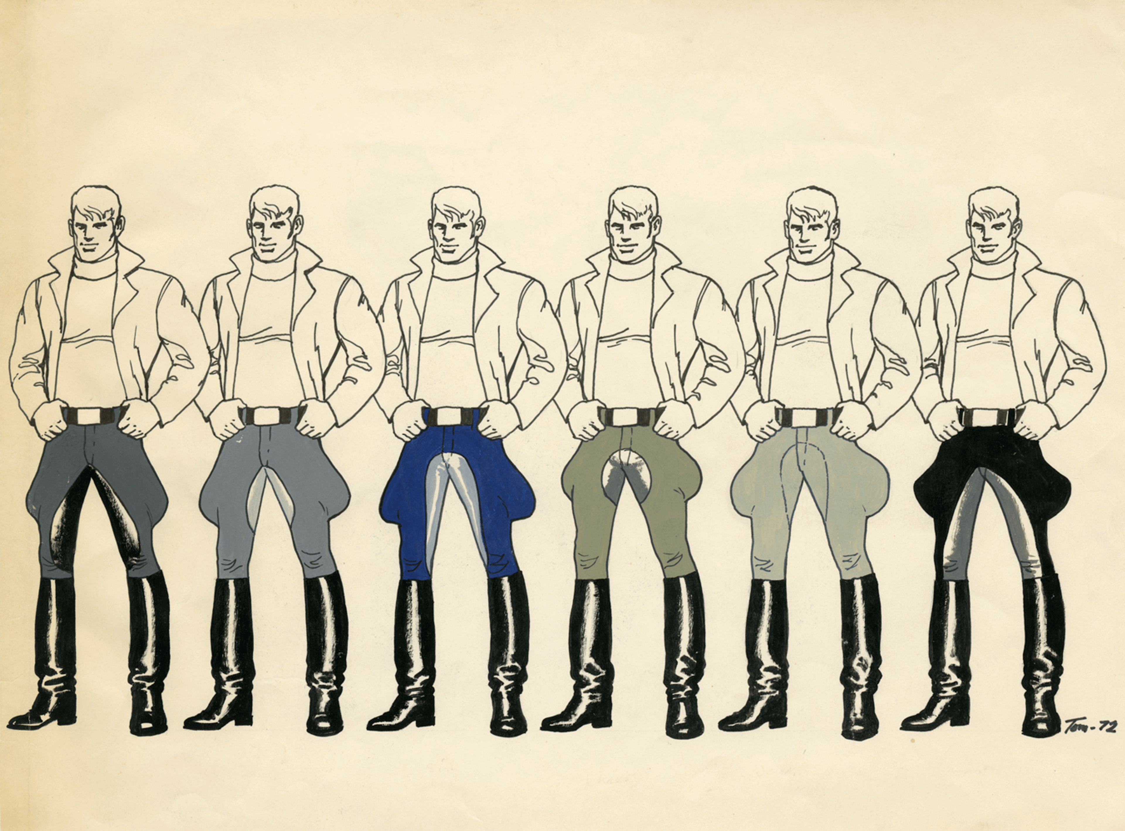 Graphic drawing of six muscular men standing with their hands on their belts, dressed in differently-coloured trousers and black boots
