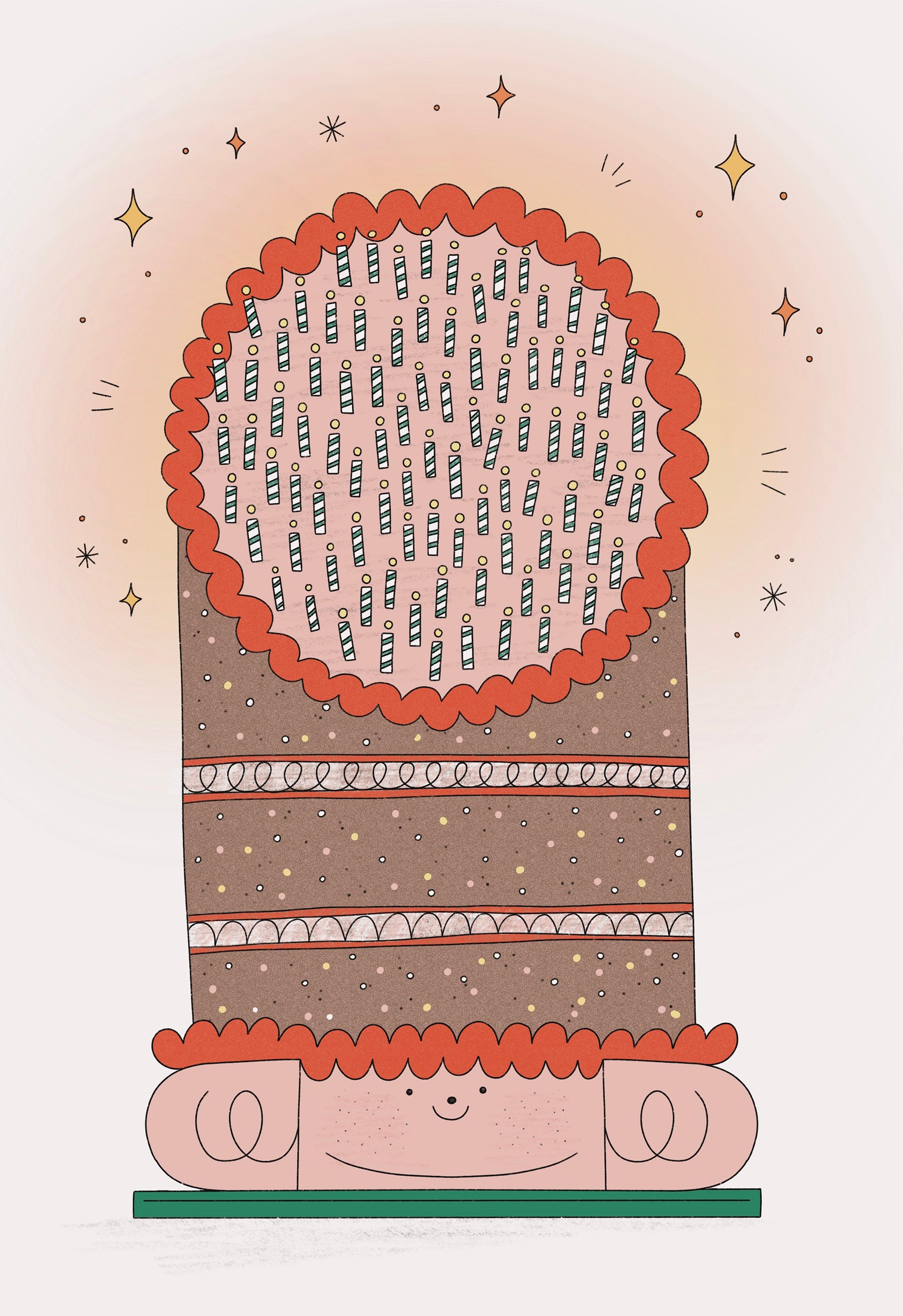 Illustration of a character wearing a large birthday cake as a hat