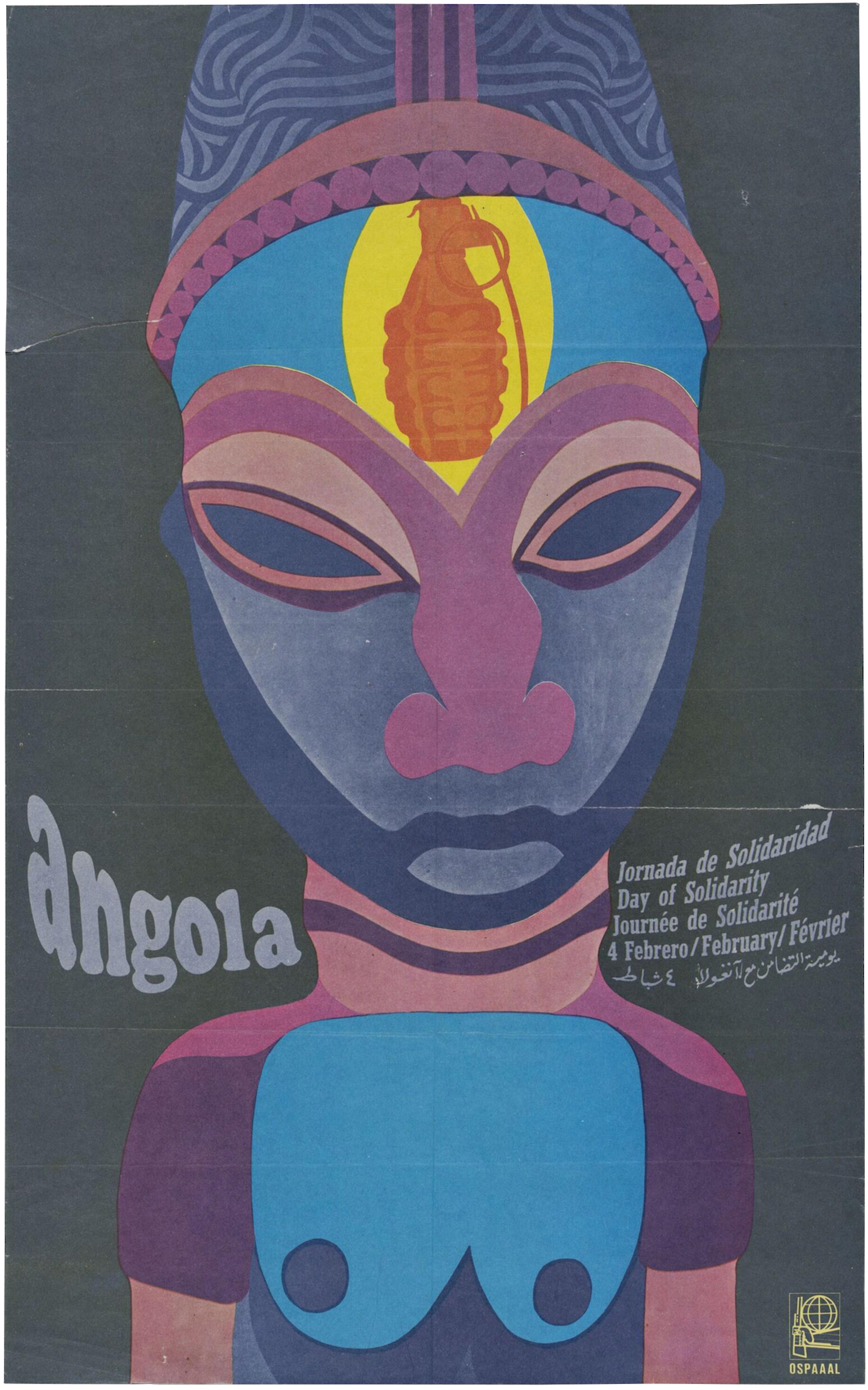 Offset lithographic poster advertising a day of solidarity with Angola, 4th February 1969, depicting a figure with a grenade on the forehead.