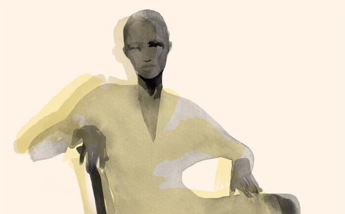 Illustration of seated figure in yellow dress