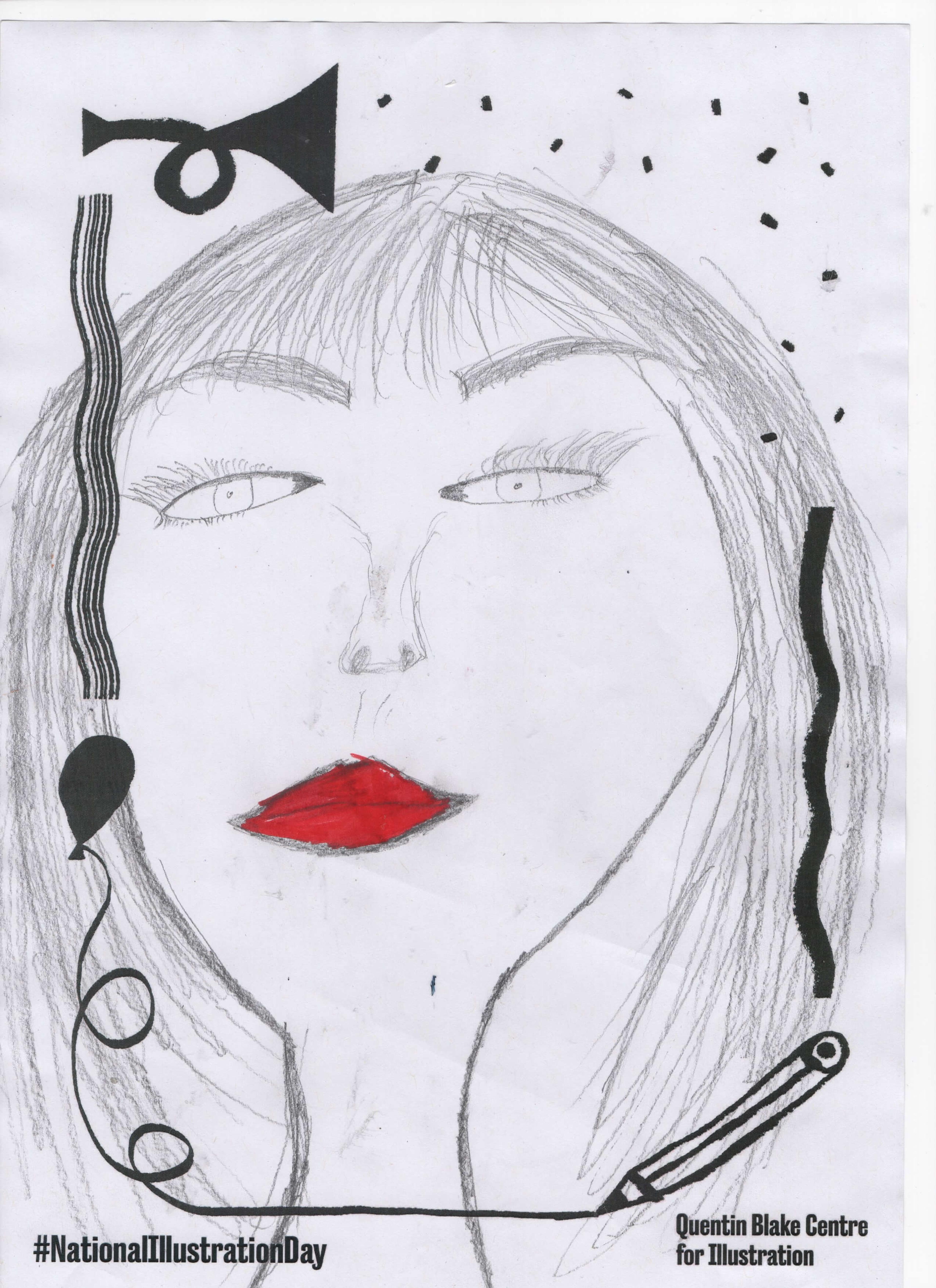 Pencil drawing of a face with a fringe, bob haircut and red lipstick. 