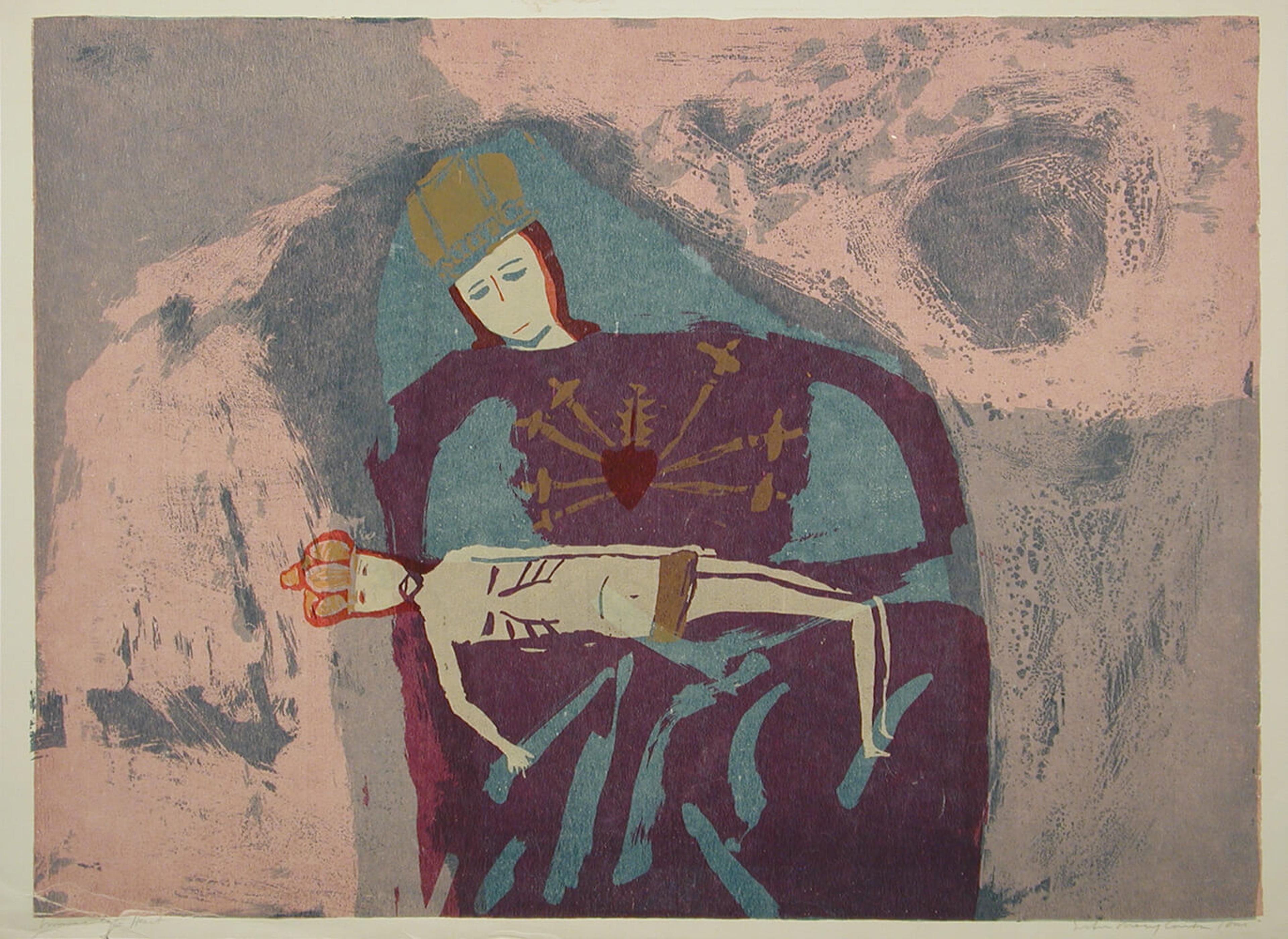 Bold and expressive print of Mother Mary looking over a deceased Jesus Christ