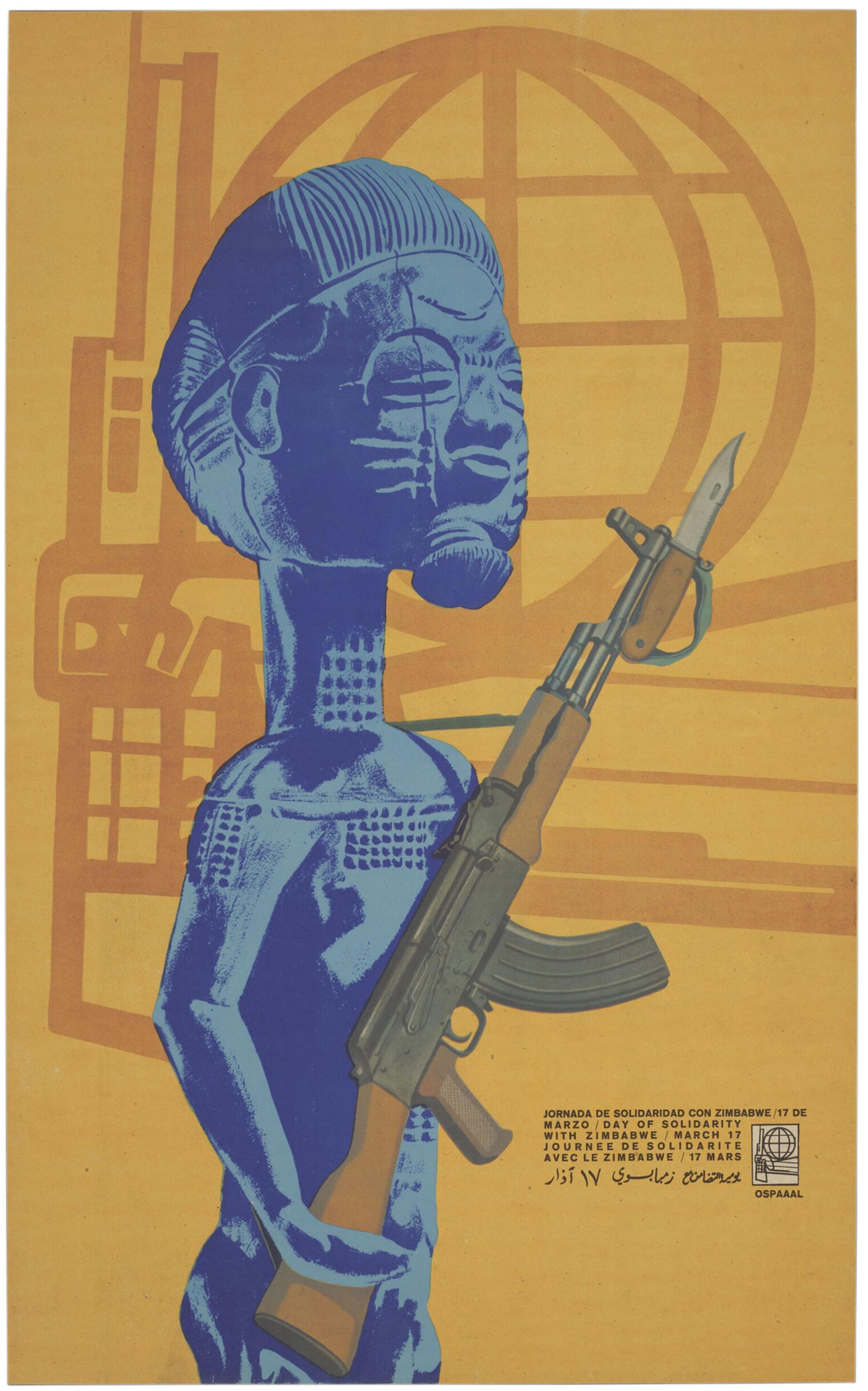 Offset lithograph poster with an image of a blue statue holding a machine gun in front of a yellow background