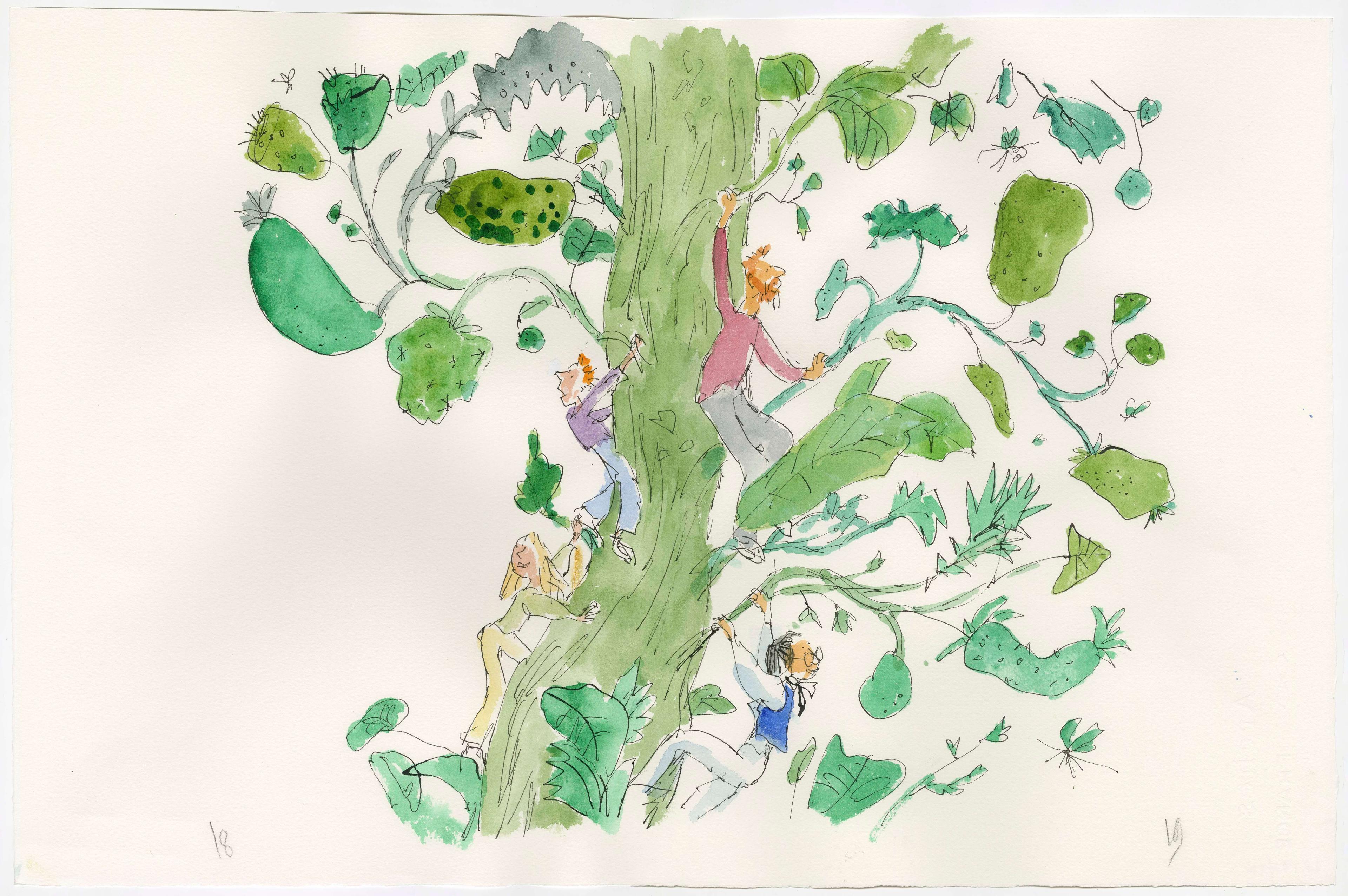 Full colour drawing of whimsical characters climbing a large tree