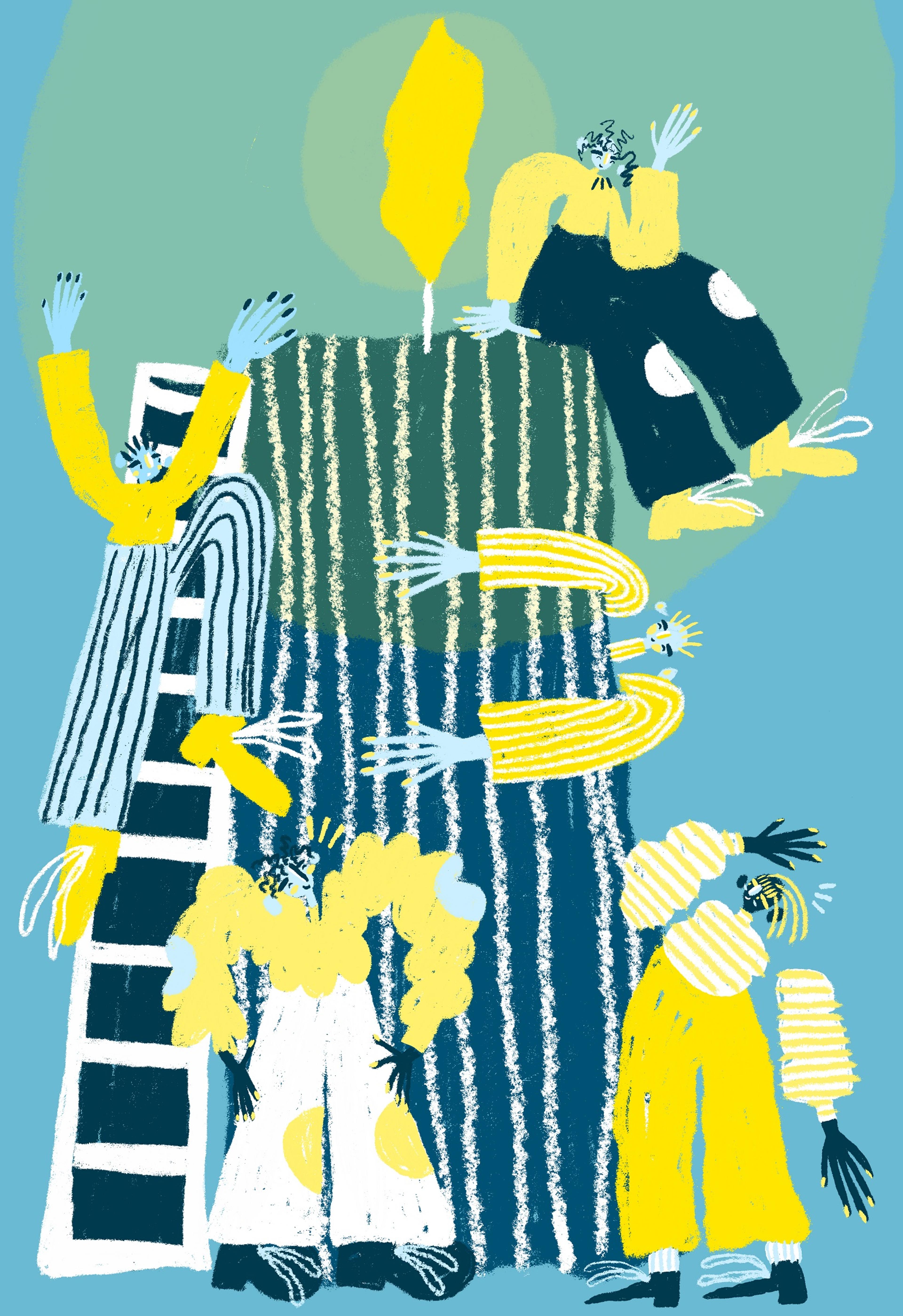 Illustration of characters climbing a stripy candle