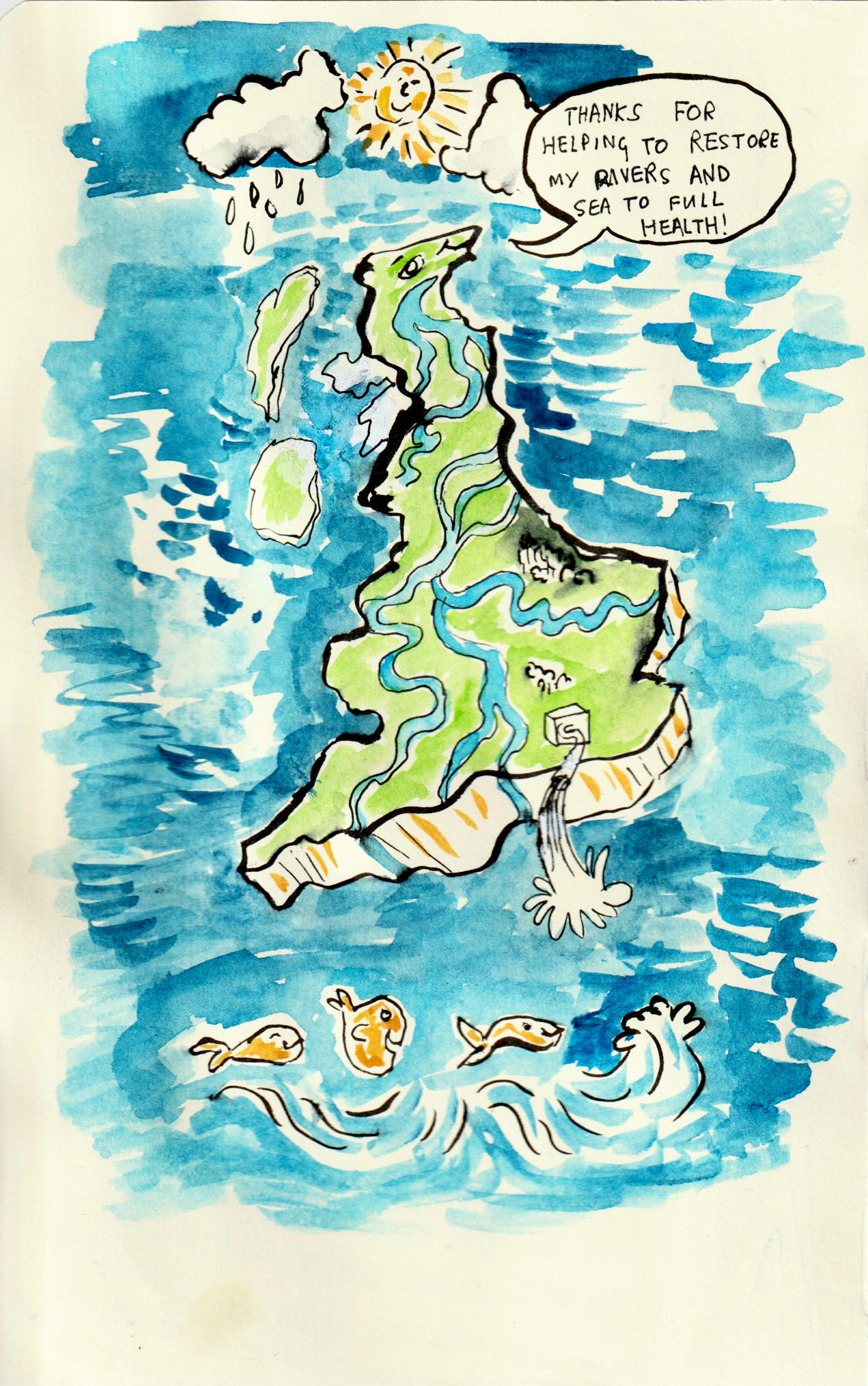 An illustration of the UK as a character looking happy surrounded by blue water and fish. There is s speech bubble saying thank you for restoring the clean water.