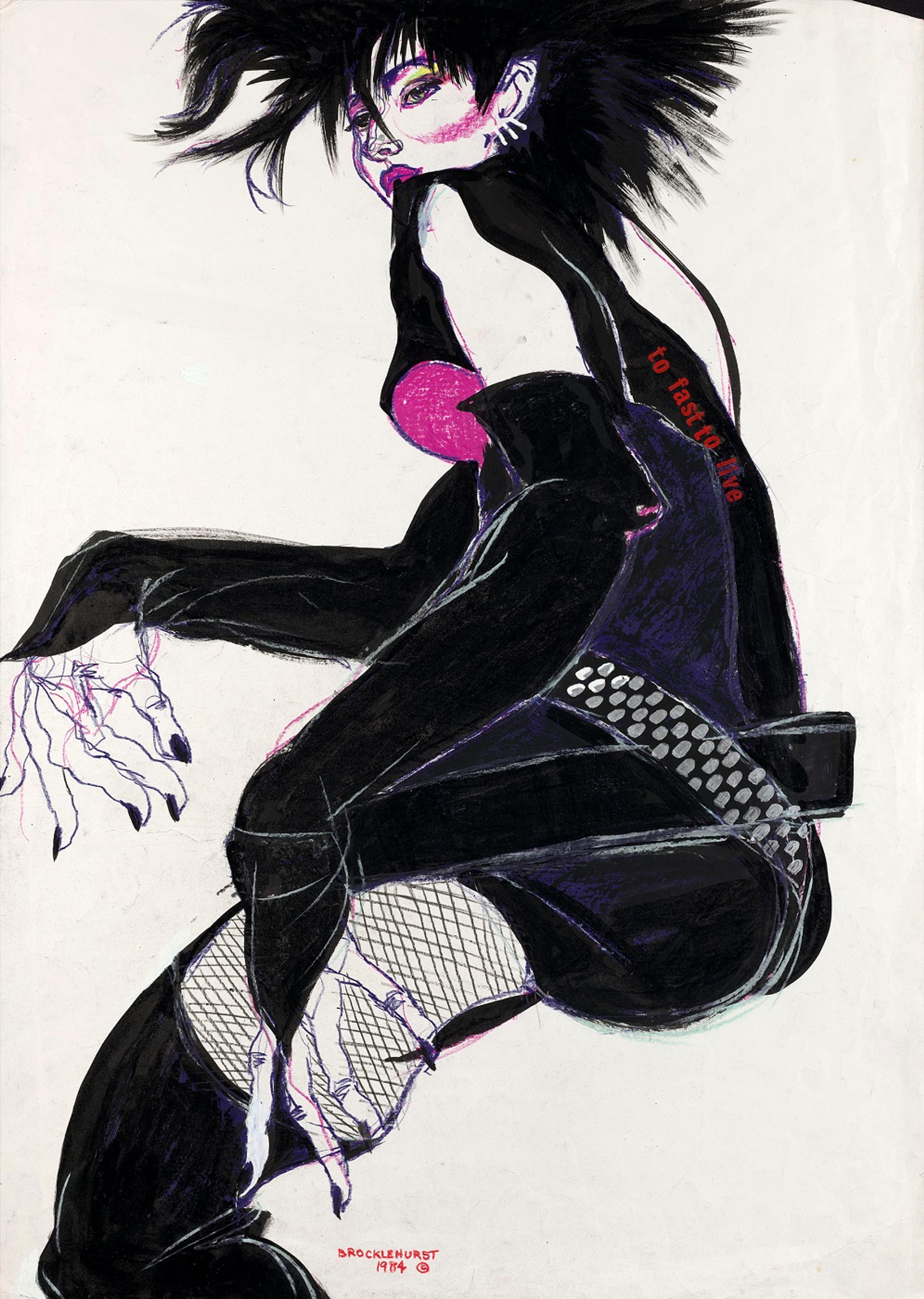 Drawing of a person with long spiky black hair seen from behind, wearing a black body suit, studded belt, black fishnets and black gloves and suspenders