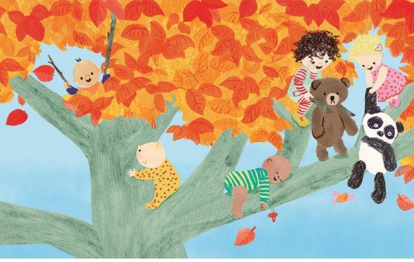 An illustration by Claire Alexander, showing babies with their stuffed animals in an autumn tree with bright orange leaves and a light blue sky.