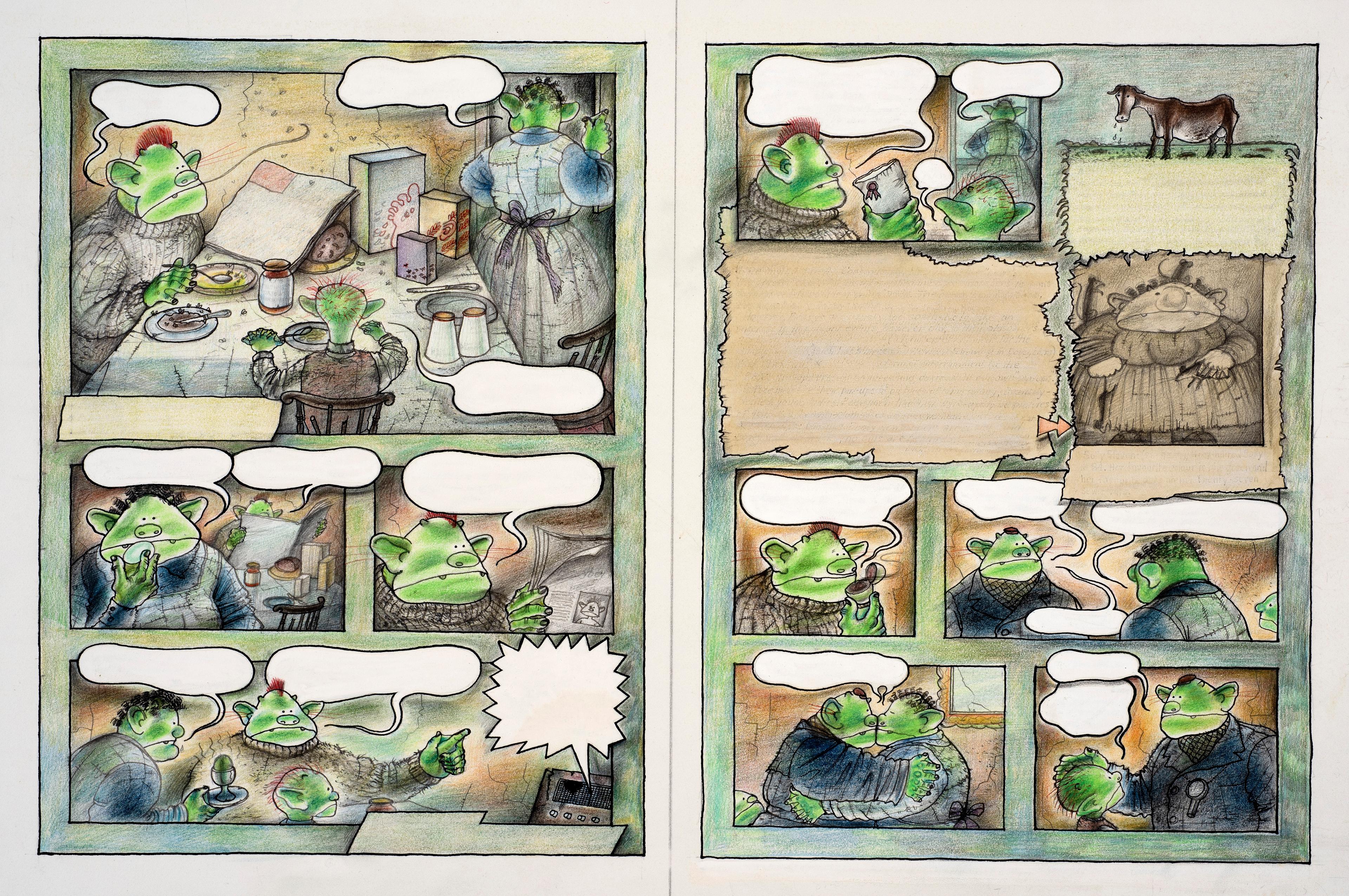 Colour pencil drawing with 12 panels of Bogey family having breakfast