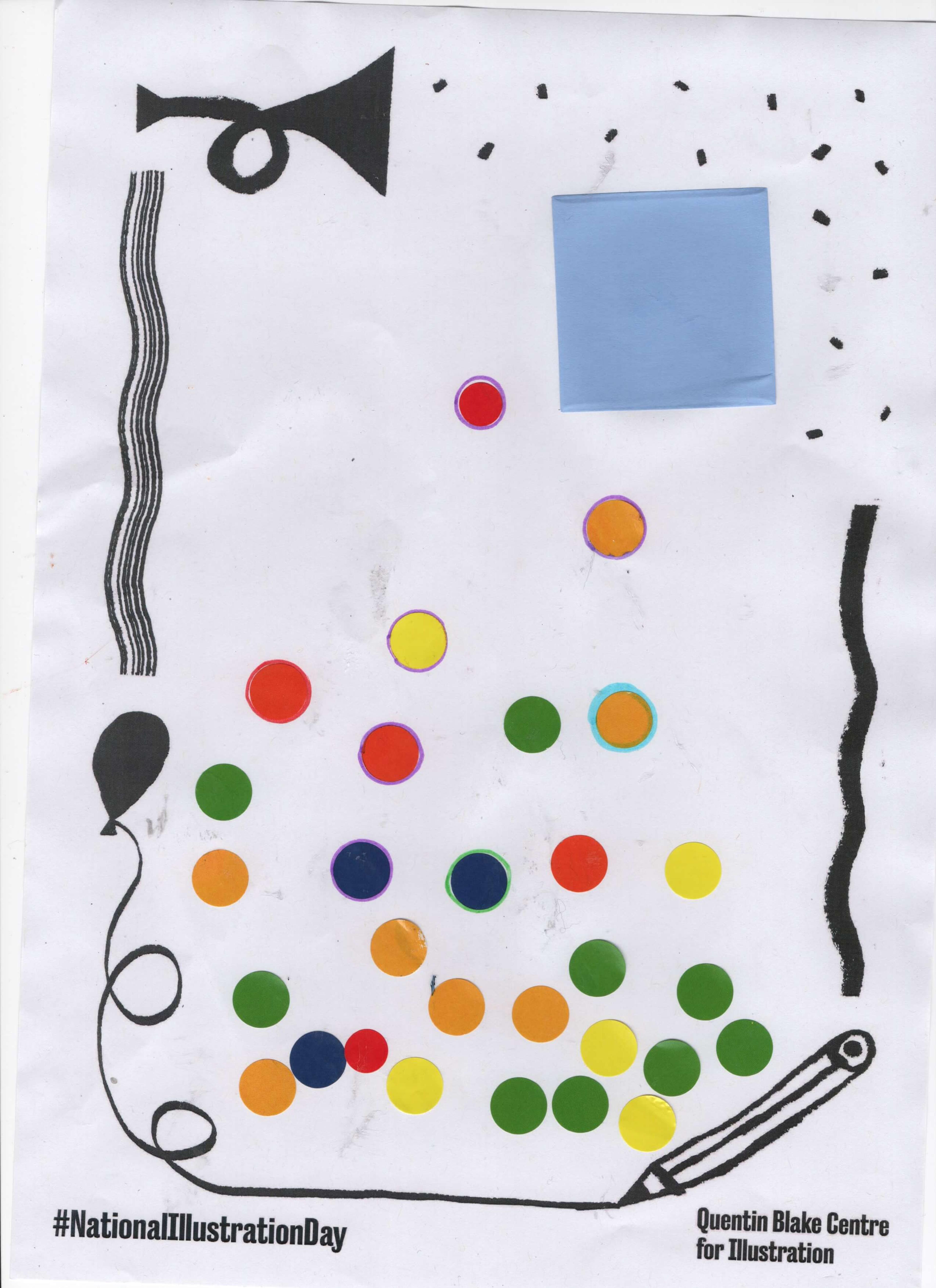 Abstract composition using numerous colourful circle stickers, a collaged square and black specks.. 