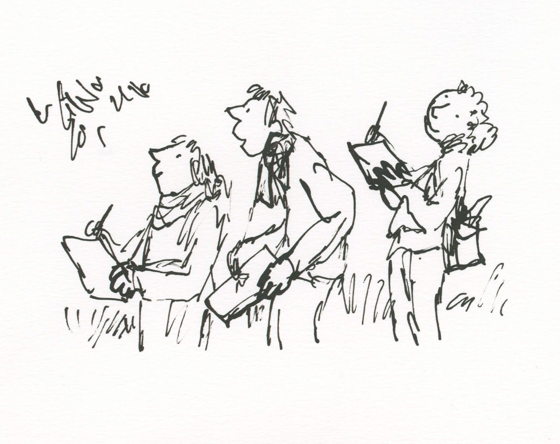 Illustration of three people with pen and paper