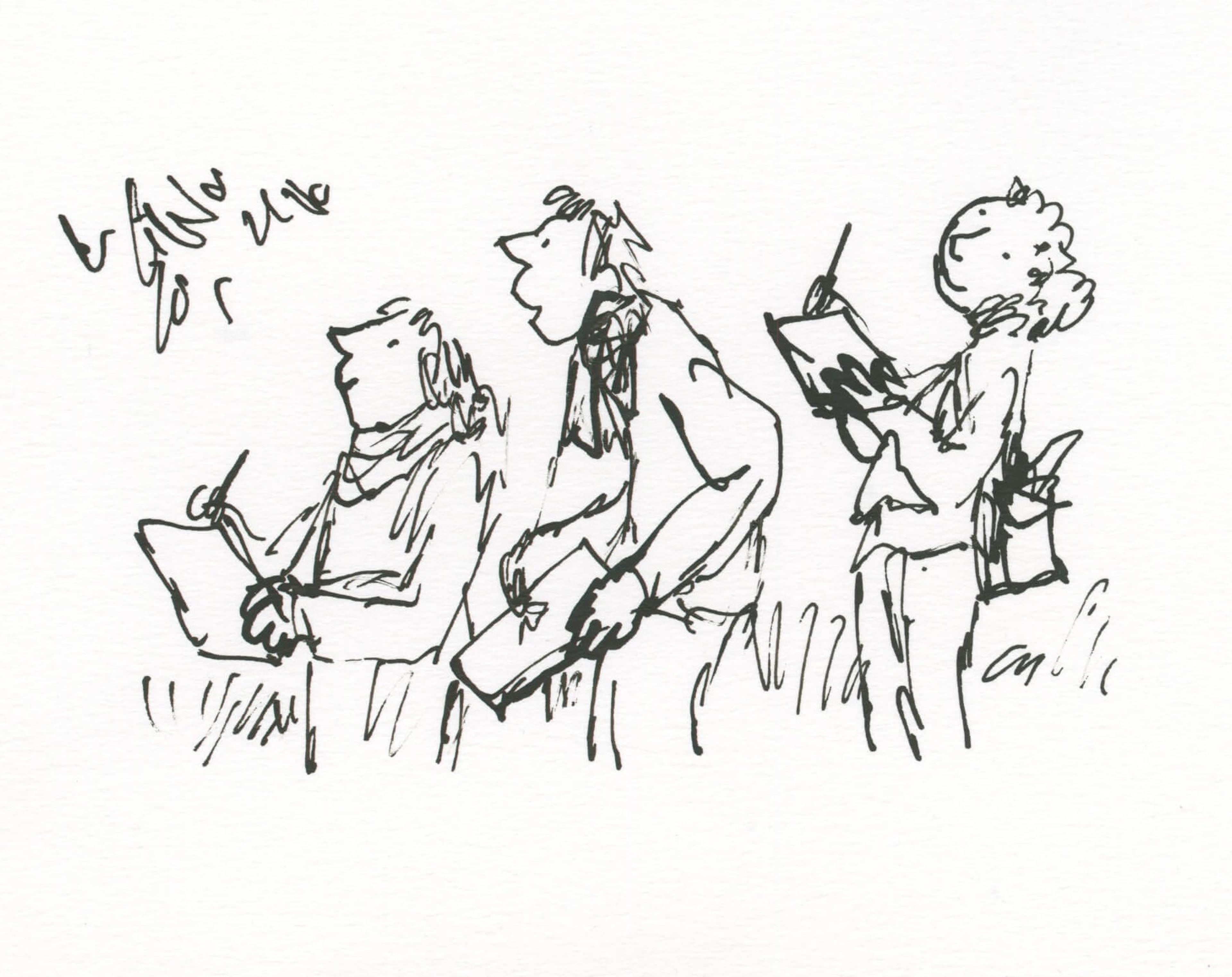 Illustration of three people with pen and paper