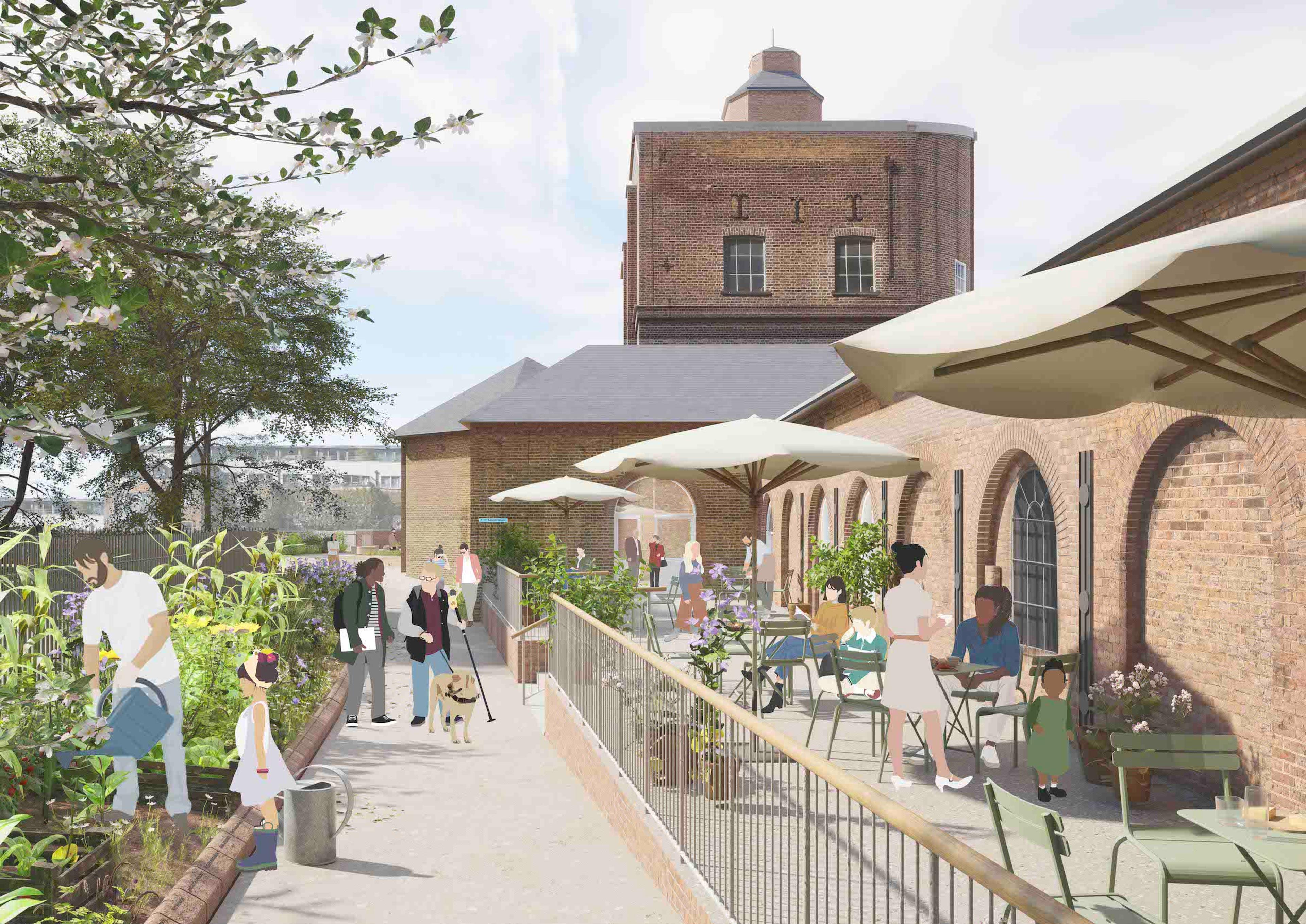 Illustration of people sitting on a terrace and gardening outside a brick building