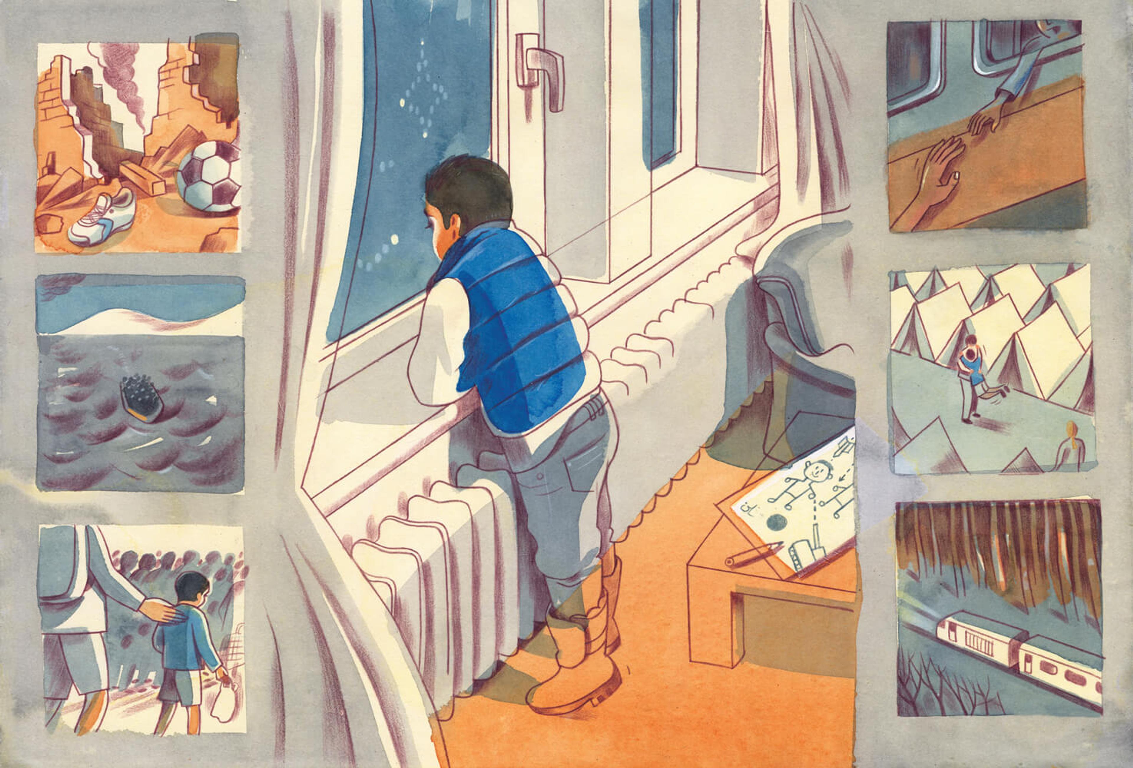 Illustration of child looking out of a window surrounded by scenes of rubble, a boat, a hand reaching out from a train, a row of tents and a train travelling through the night