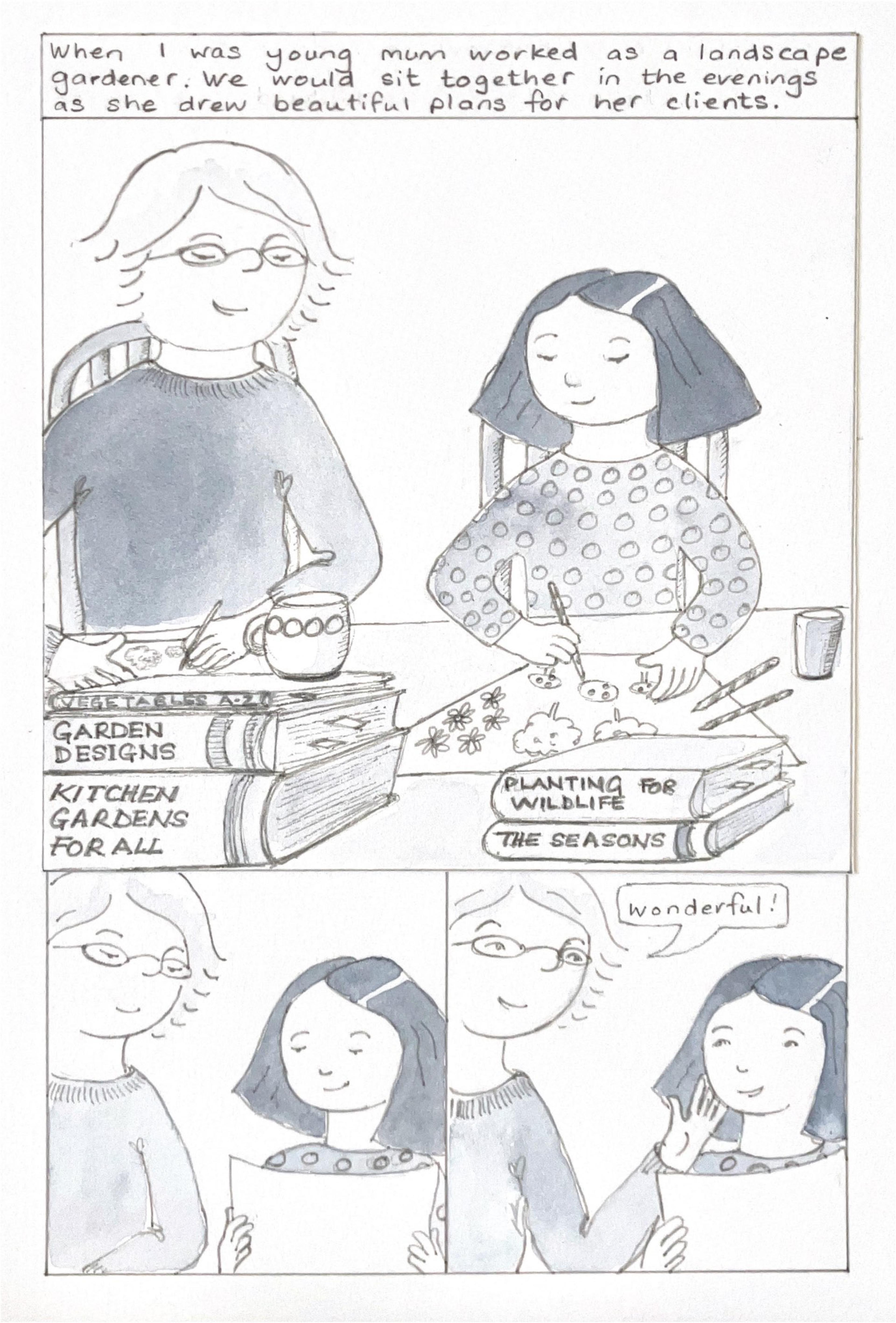 A page from a graphic novel where a child is talking about their mum and how they used to be a landscape gardener and used to draw plants for their clients.