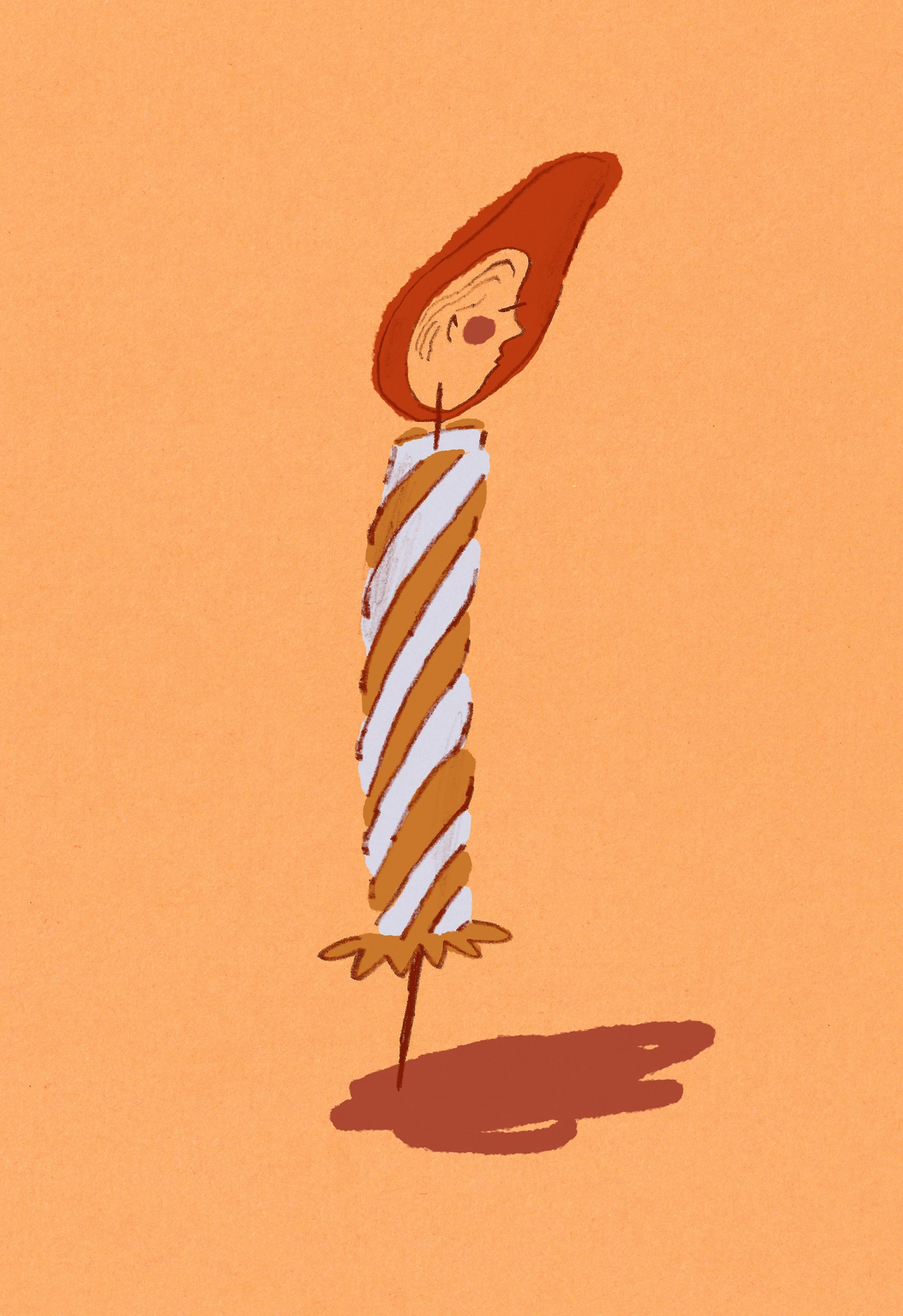 Illustration of a birthday candle with a face in the flame