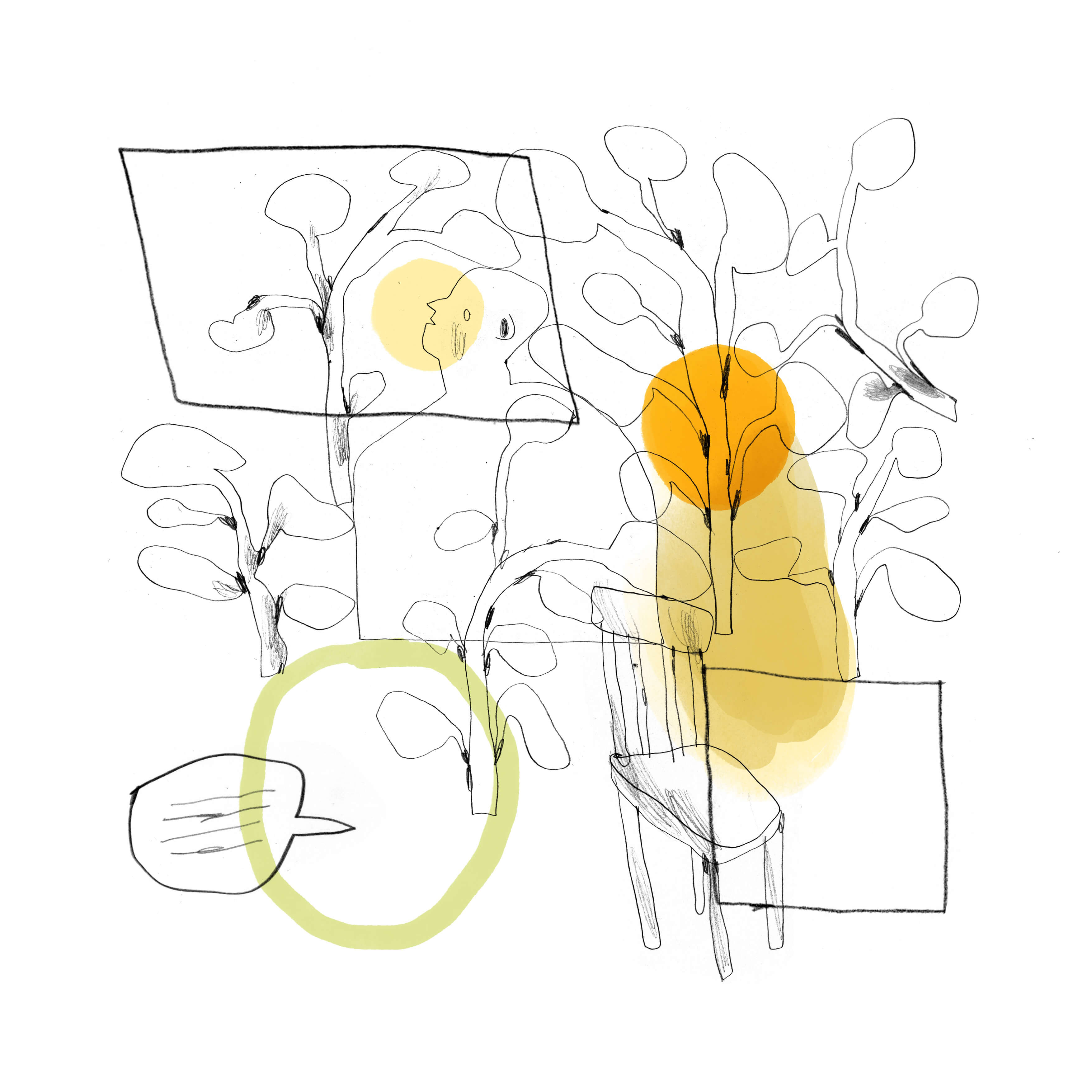 Line drawing of person and chair surrounded by foliage, with comic panels and speech bubbled overlaid