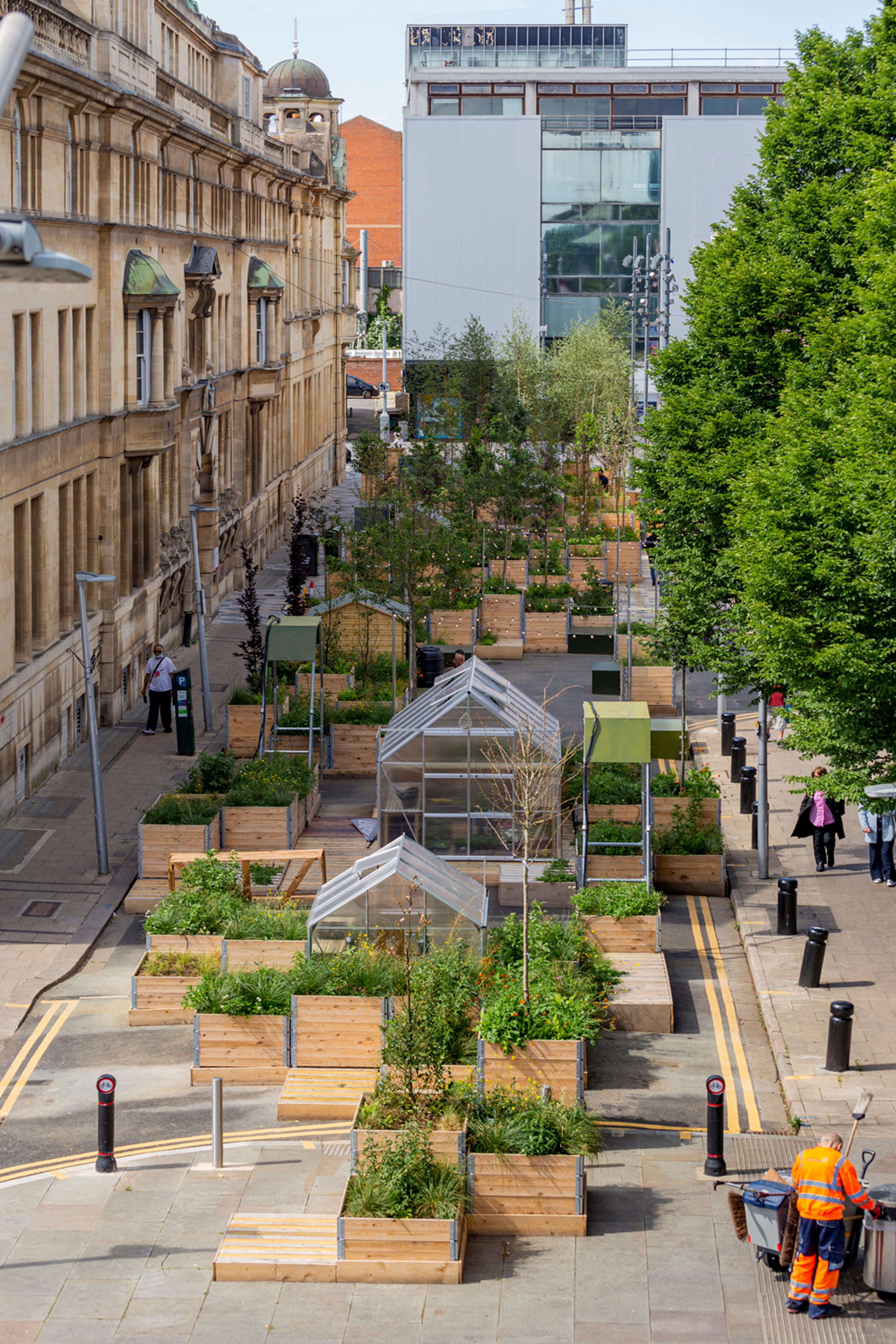 A birds eye view of an urban street with lots of planters filling up the space