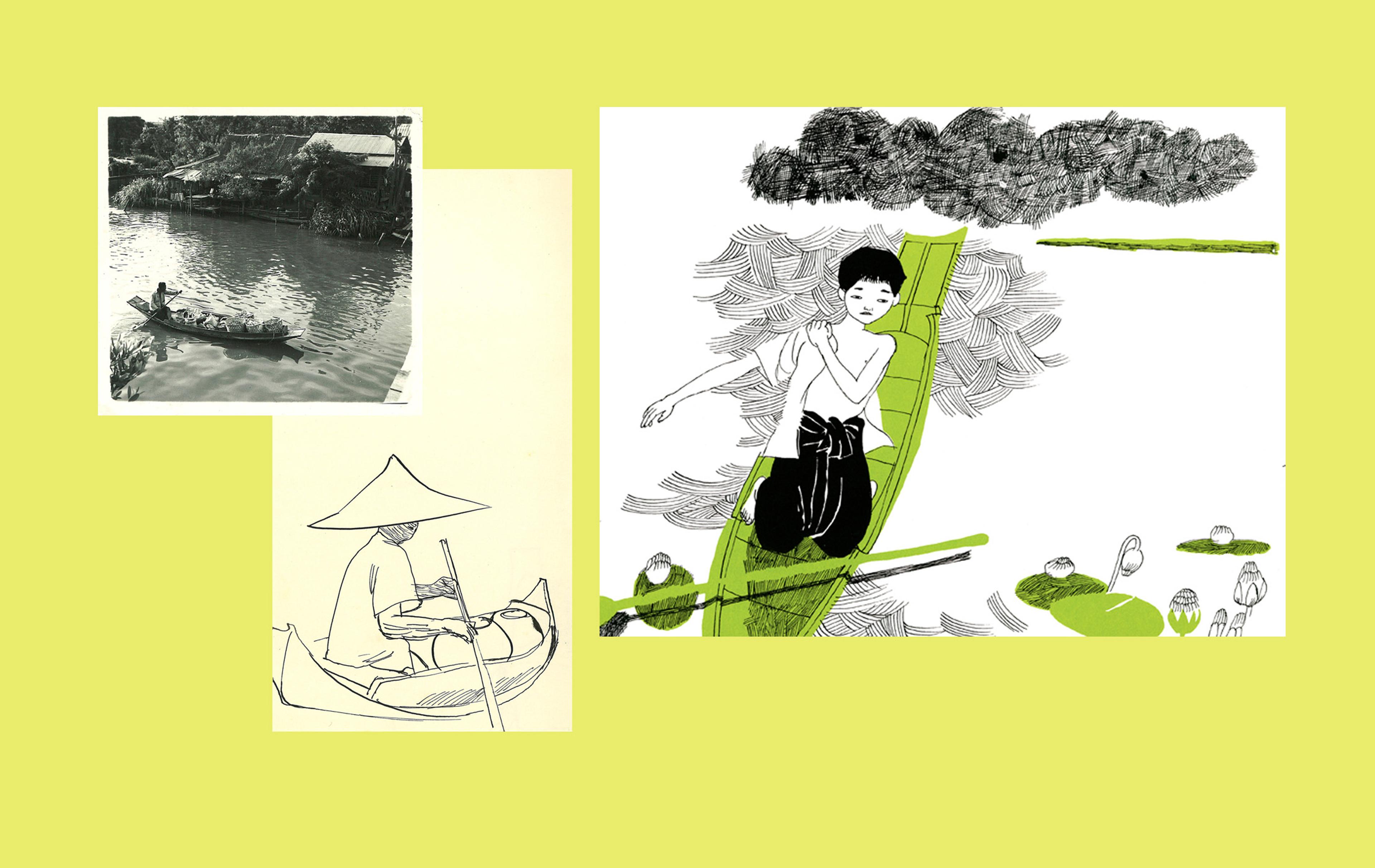 Black and white photograph showing a person in a canoe on a canal in Bangkok, black ink drawing on white paper of a person in a canoe holding a paddle and wearing a hat, black and green ink drawing of a boy in a canoe with a cloud over his head