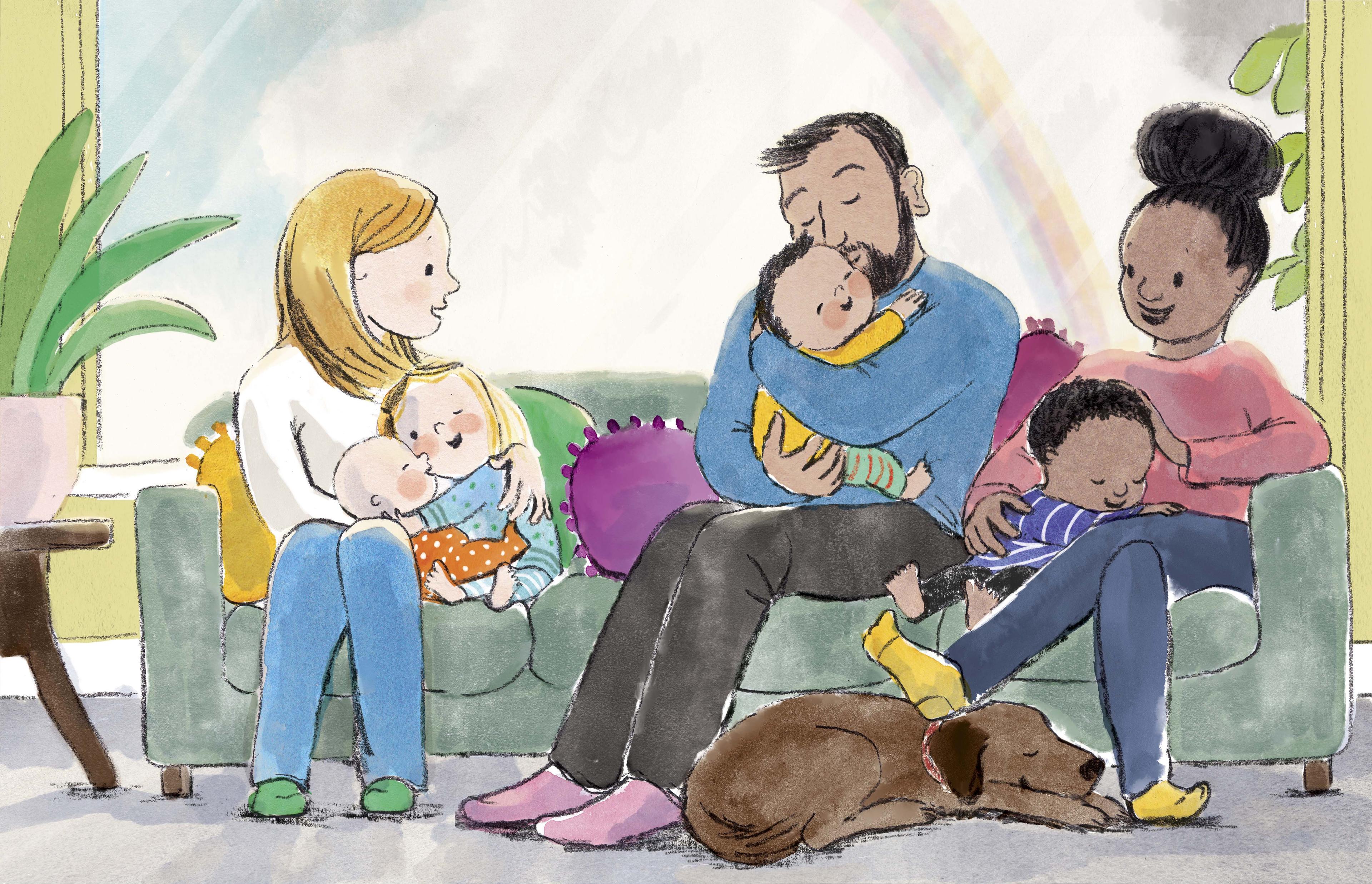 Illustration of three adults and four adults are sitting on a sofa in front of a window where a rainbow can be seen. A dog is asleep on the floor in front of the sofa.