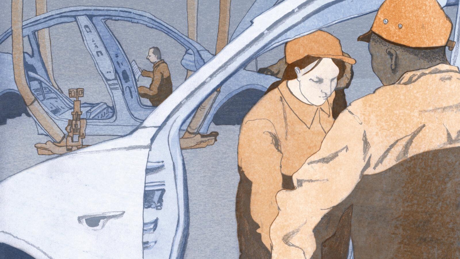 Illustration of people working in car factory