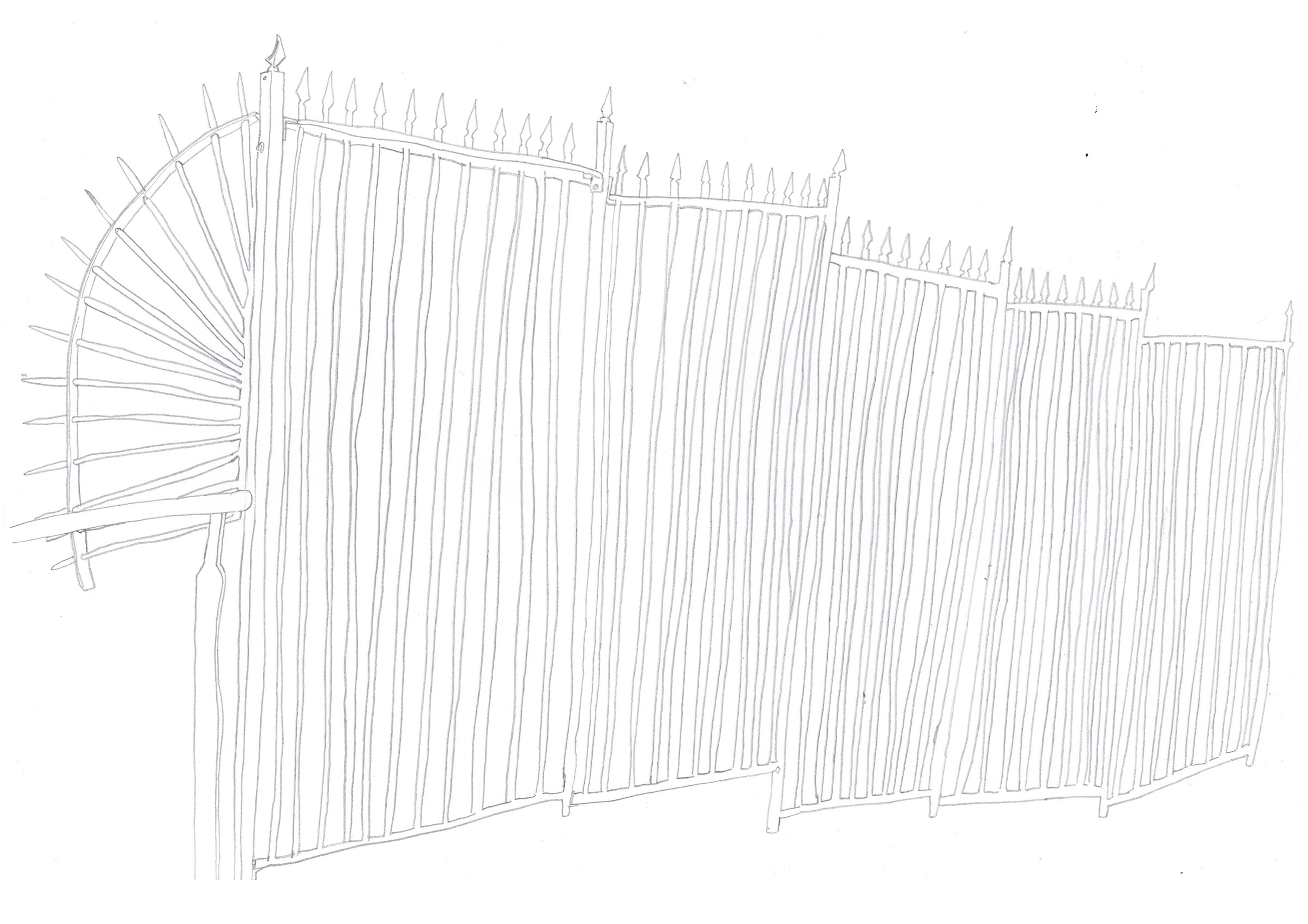 Pencil drawing of railings with spikes at the top