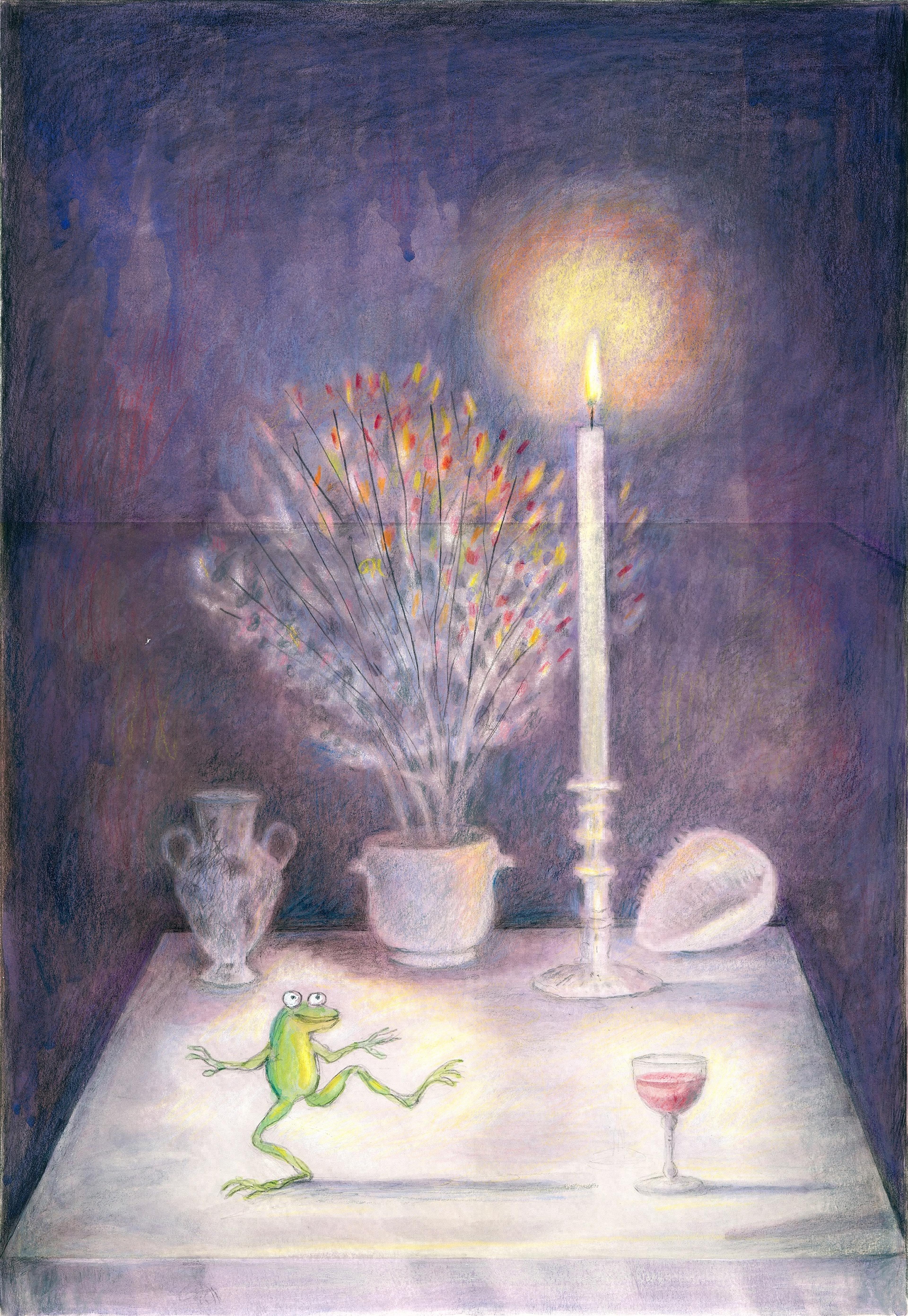 Illustration of a table top with a vase of flowers, a glass of wine and a frog