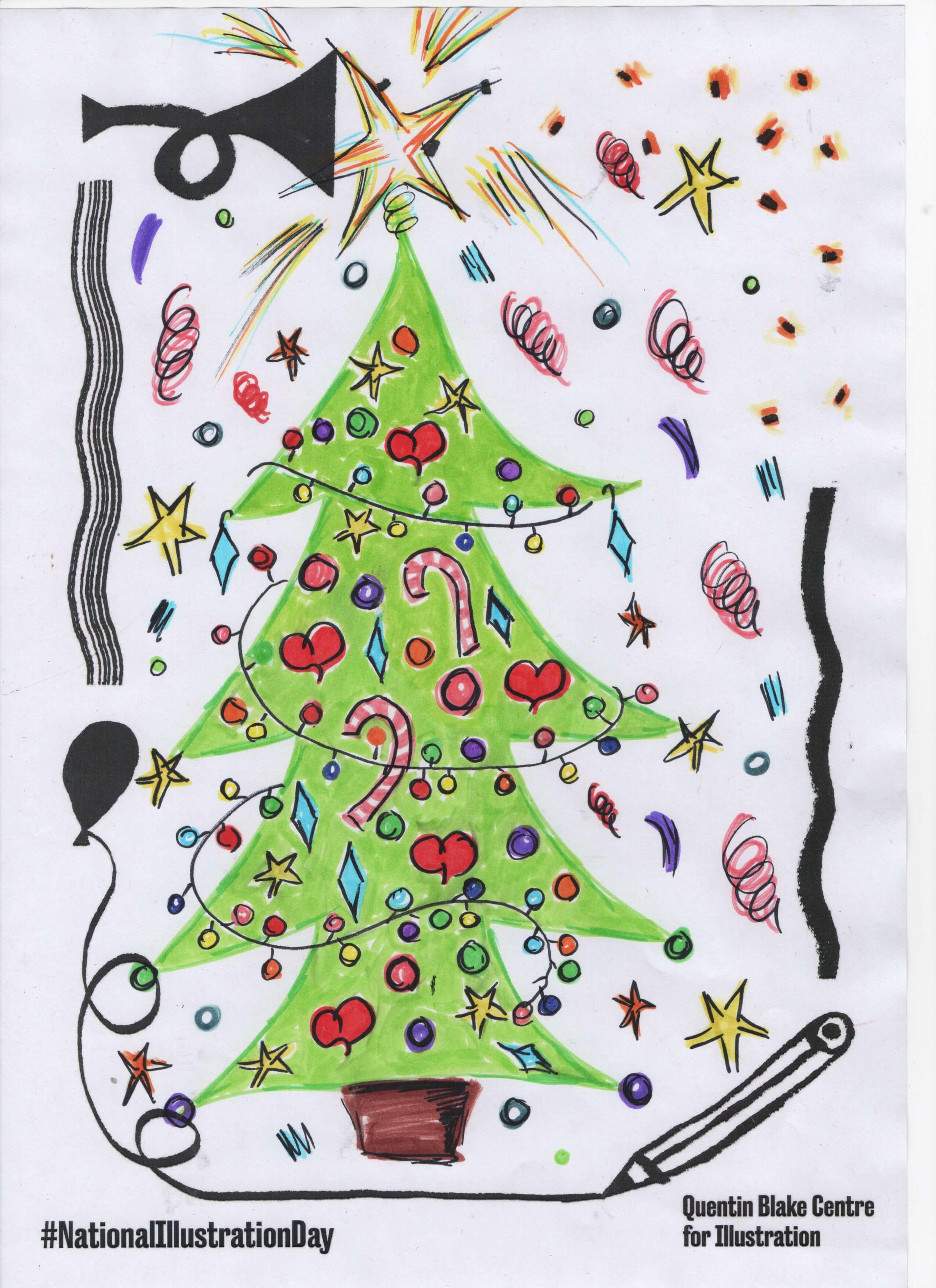 A decorated Christmas tree surrounded by stars and confetti. 