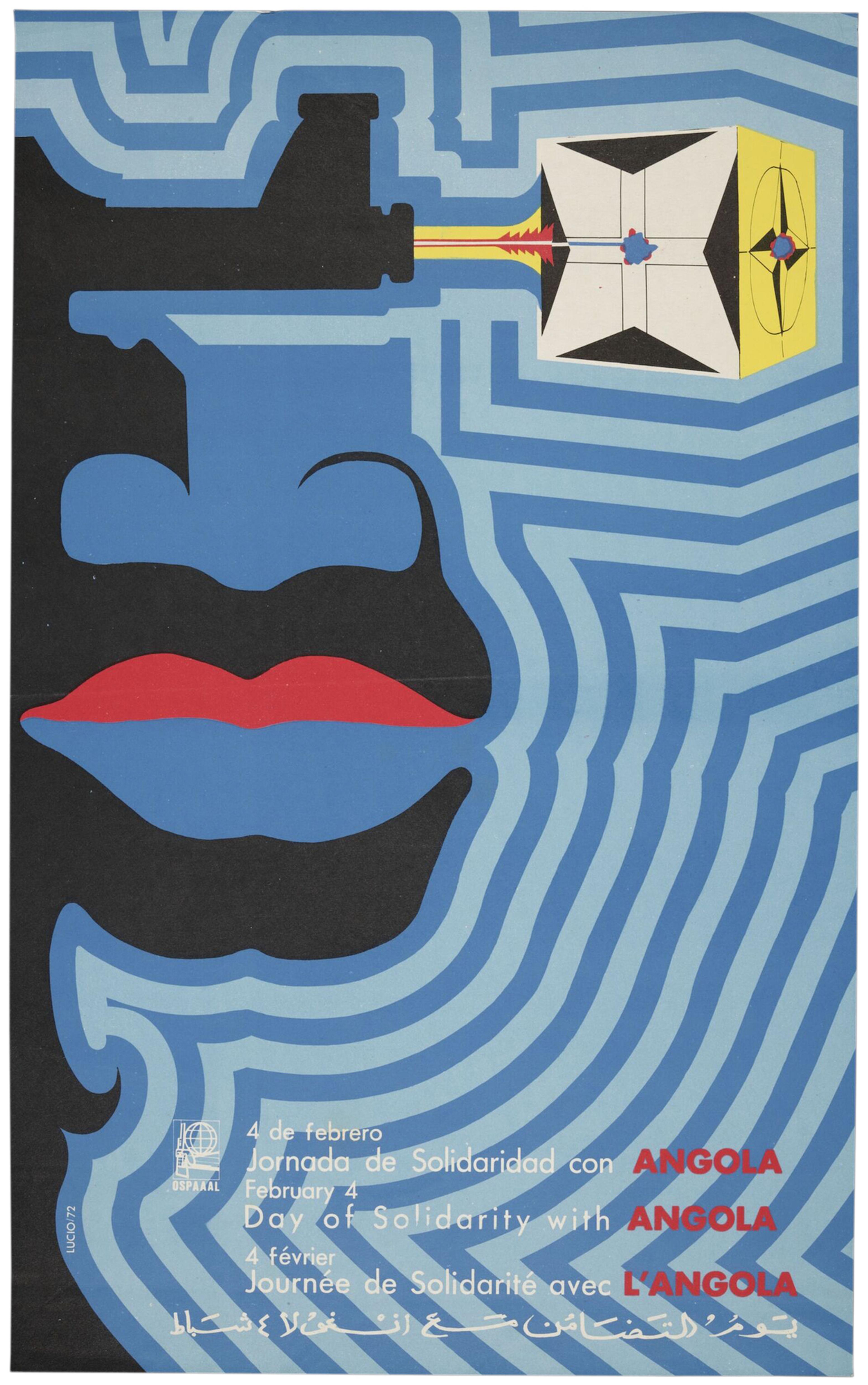 Colour lithograph poster depicting a face merging with a silhouette of a gun radiating blue lines. With title inscription in four languages (Spanish, French, English, Arabic).