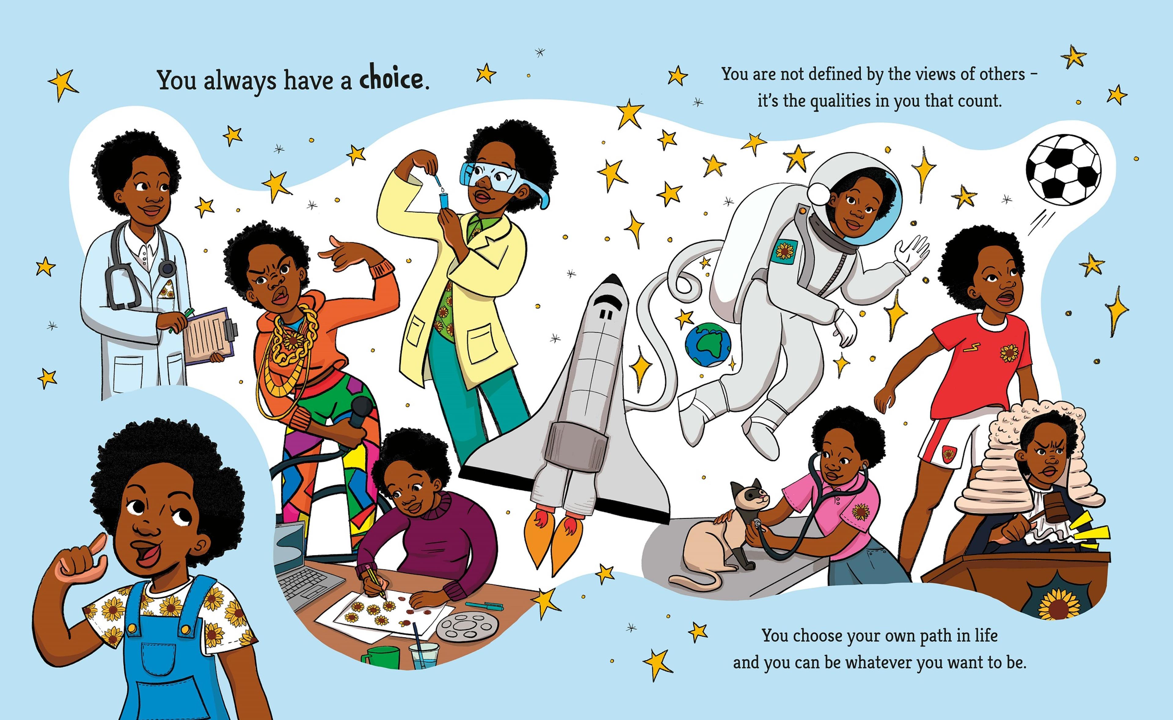 Illustration of child dreaming of being a doctor, scientist, performer, artist, astronaut, footballer, vet or judge