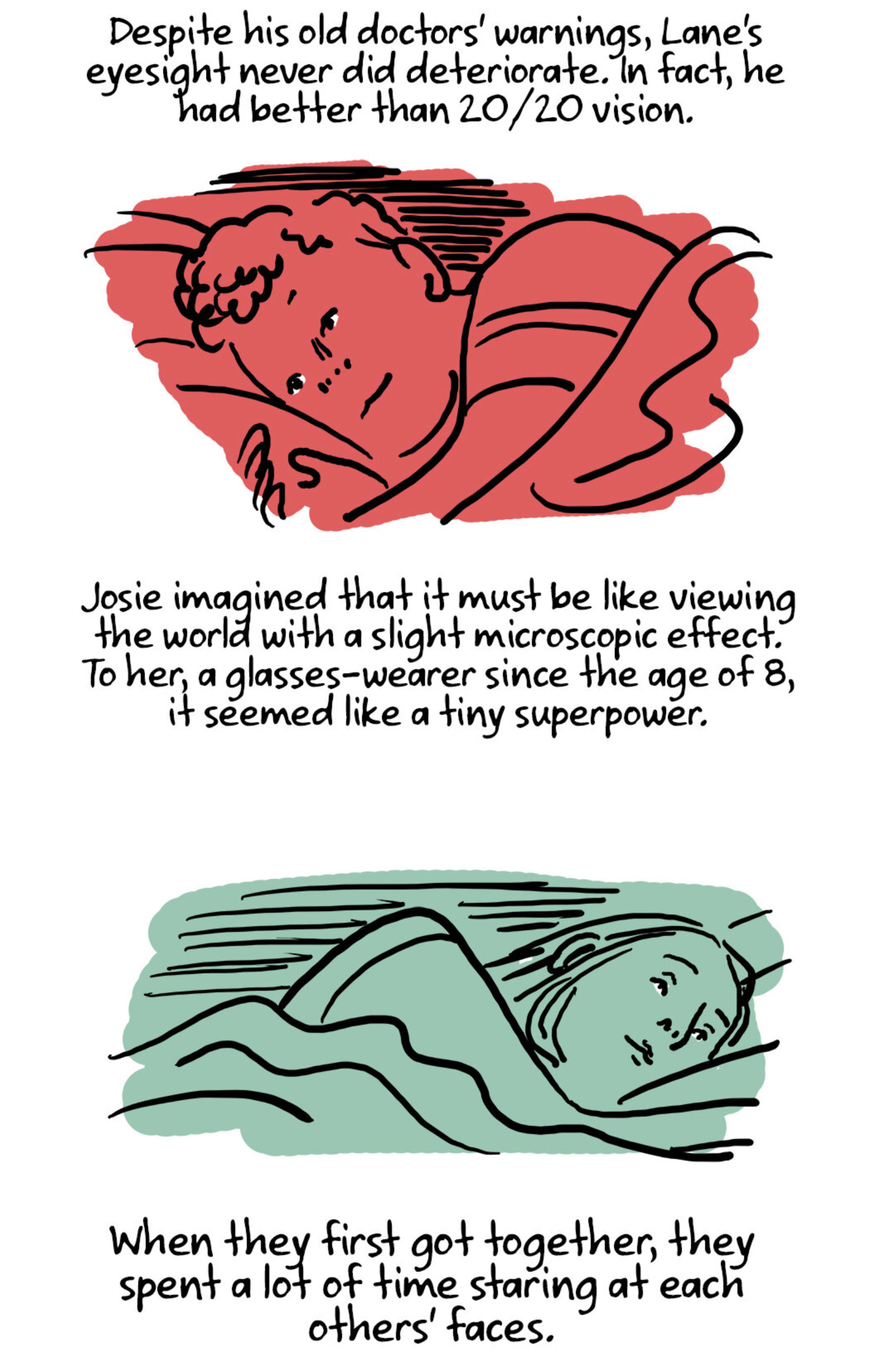 A comic strip featuring two illustrations with text. One of a person lying in bed hugging the pillow and looking ahead, with a background in red. One of a person lying in bed looking ahead, with a background in green.