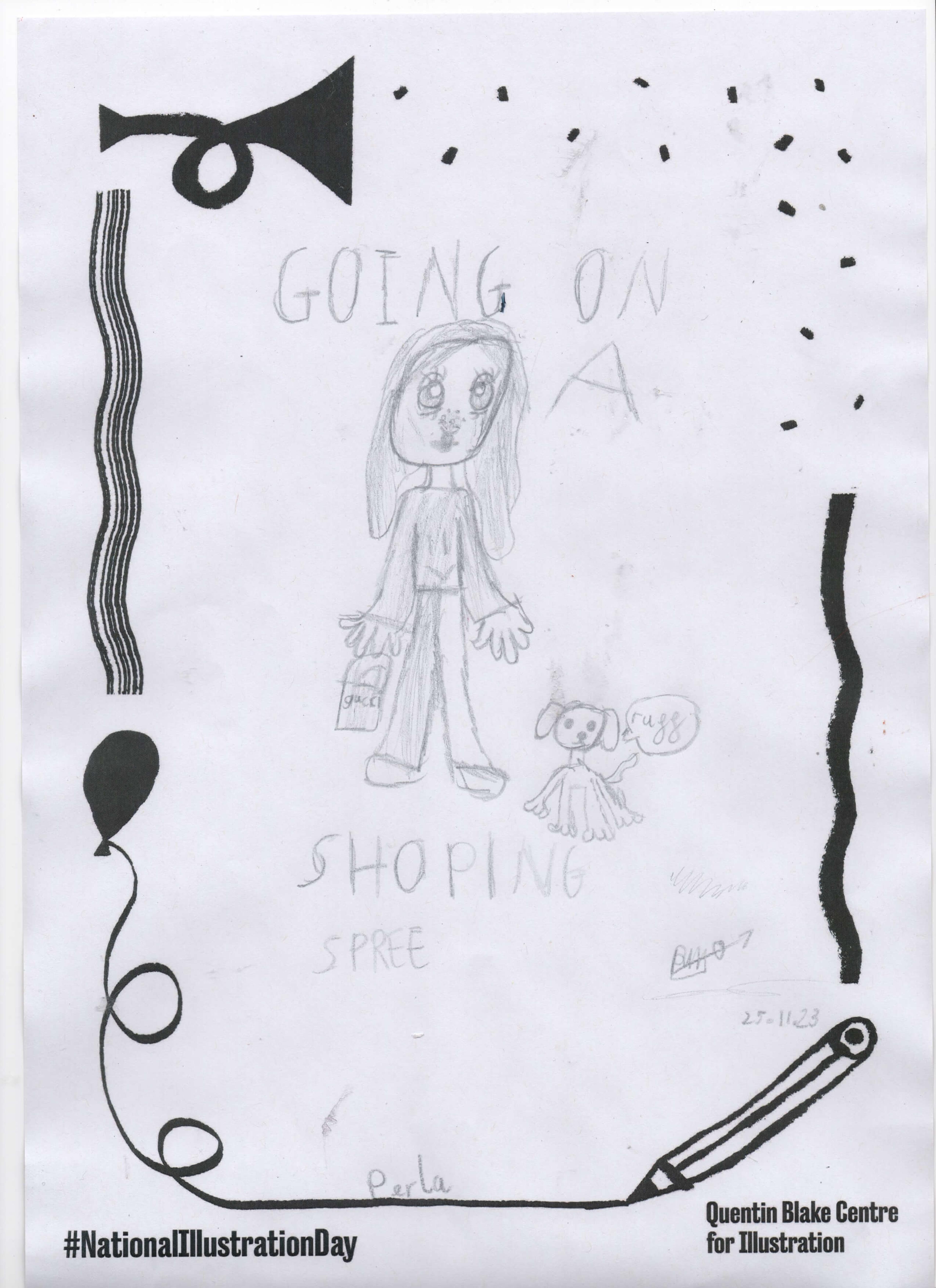 Pencil drawing of a fashionable child and a small dog with the words "going on a shopping spree".