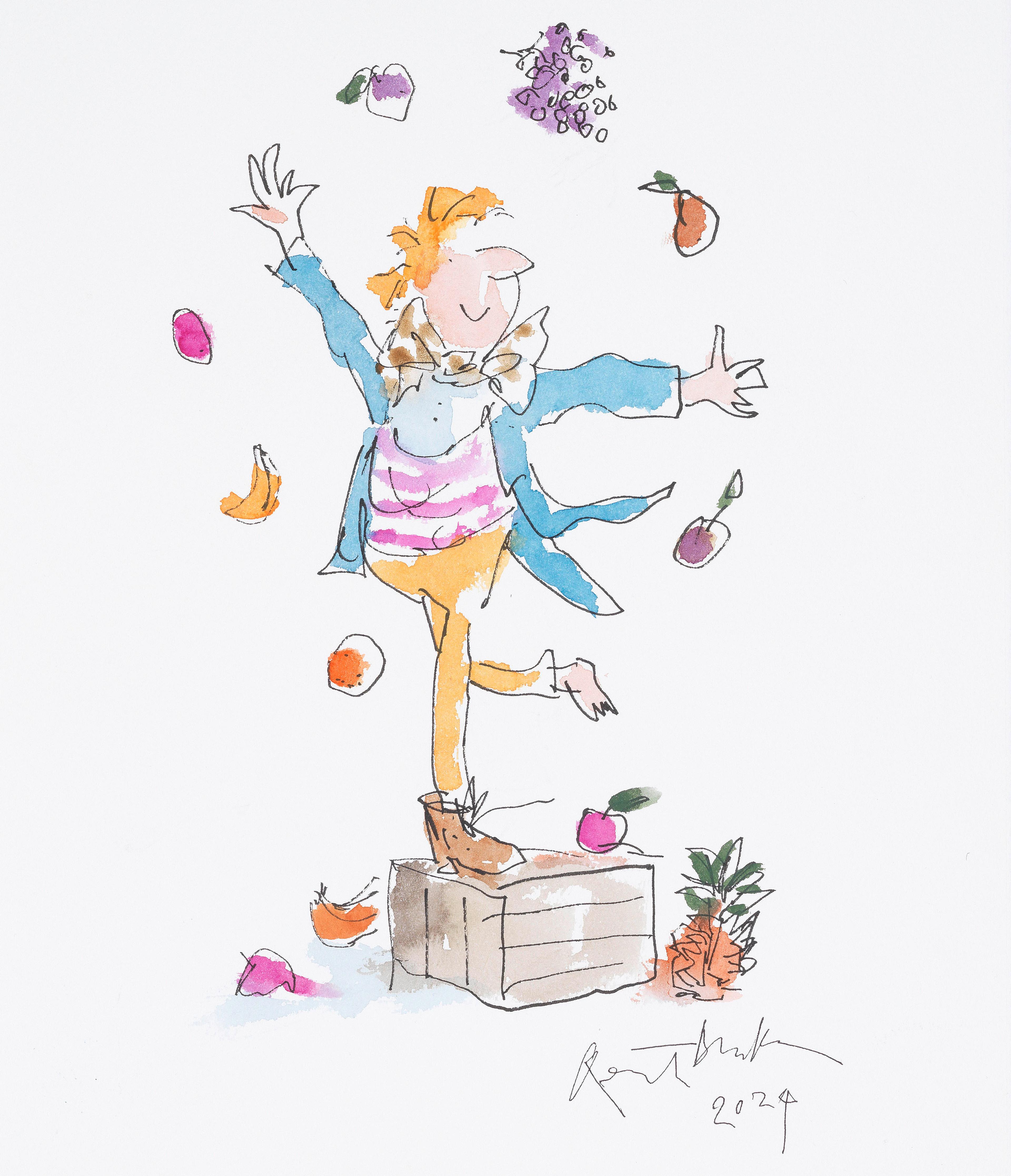 Illustration of a person wearing just one boot, they are standing on a crate and are juggling fruit and vegetables.