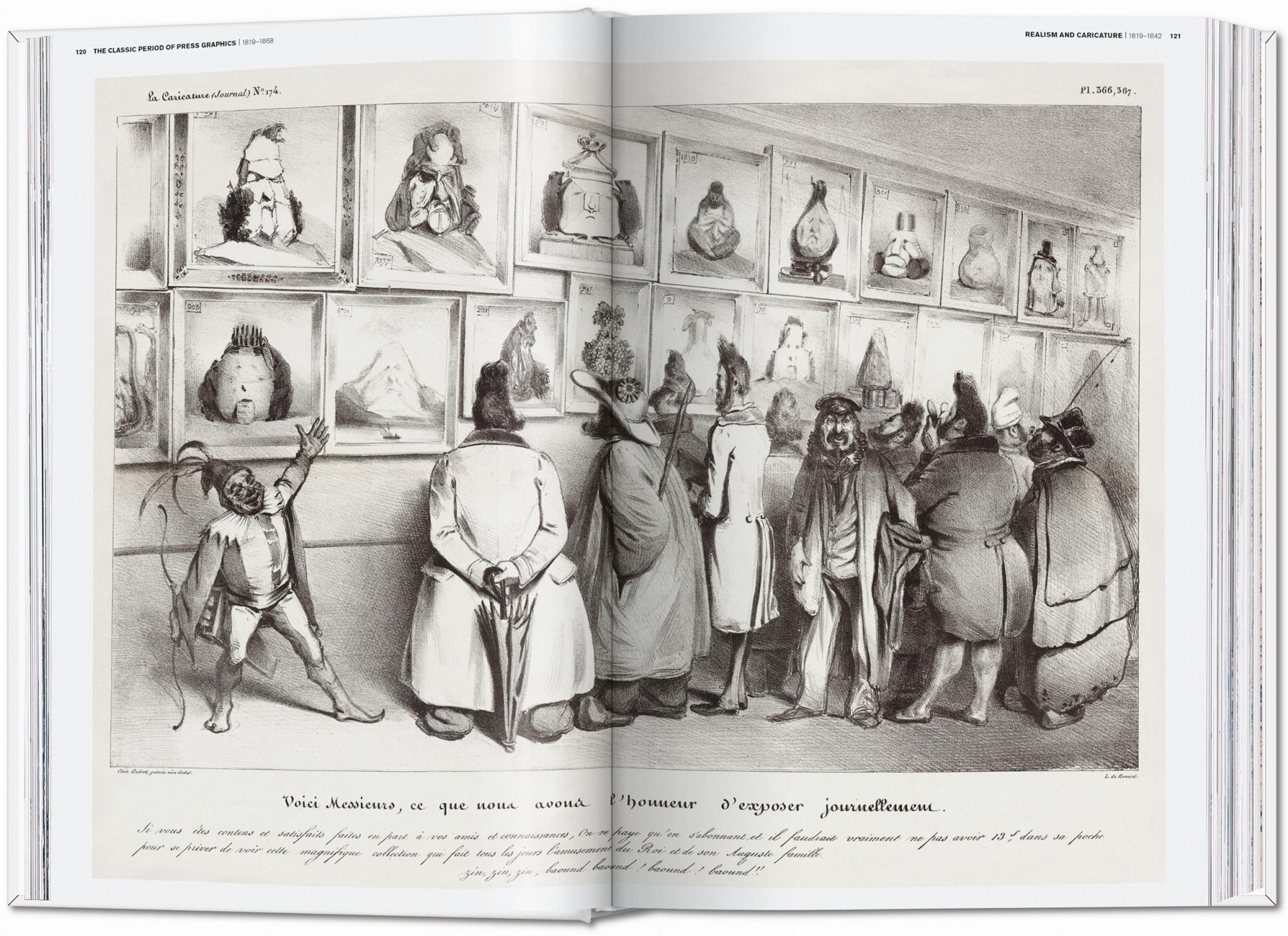 Photograph of an open book with an illustration of people looking at a gallery of portraits made of different objects