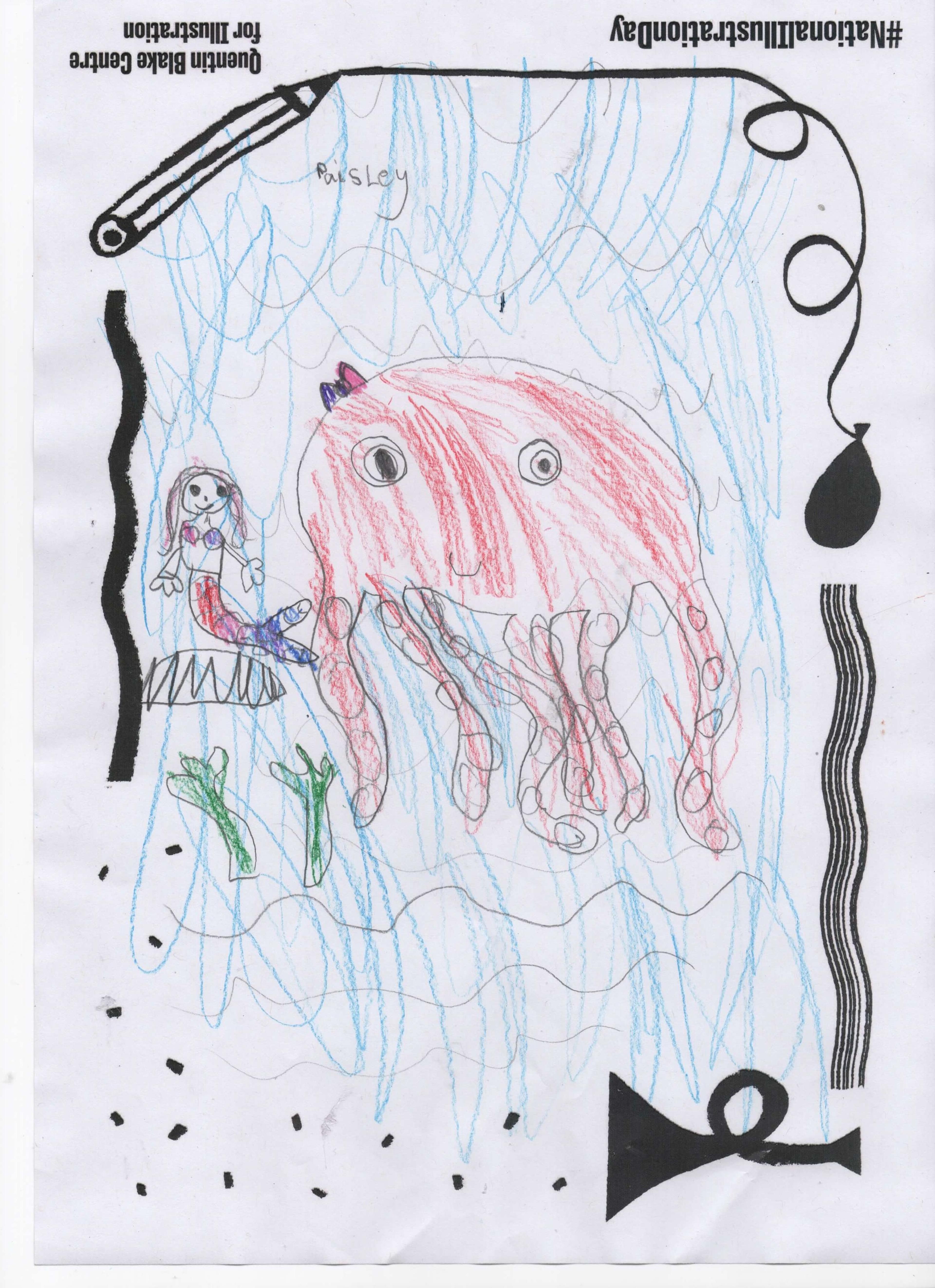 A children's drawing of a mermaid and a big octopus underwater, drawn using coloured pencil. 