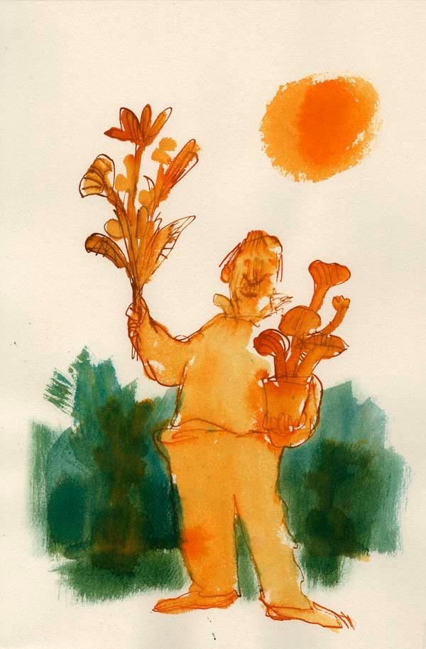 An illustration of a man in vibrant orange watercolour standing against a dark green background. He is holding a large potted plant in one arm and a bunch of flowers and foliage in his other hand. 