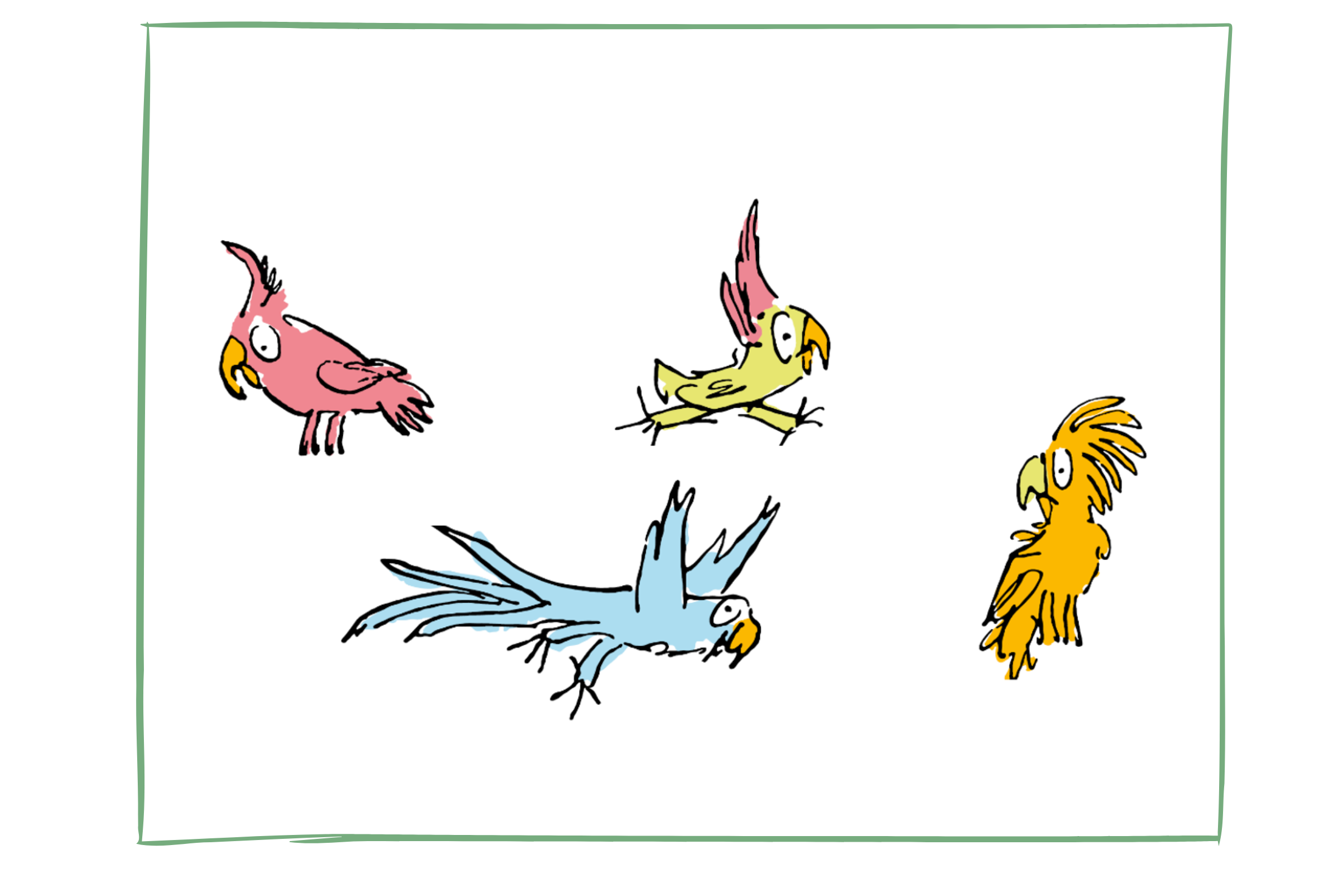 Four whimsical, colourful birds are drawn in a playful style. A pink, a green, a blue and an orange bird each display unique, quirky expressions and poses.