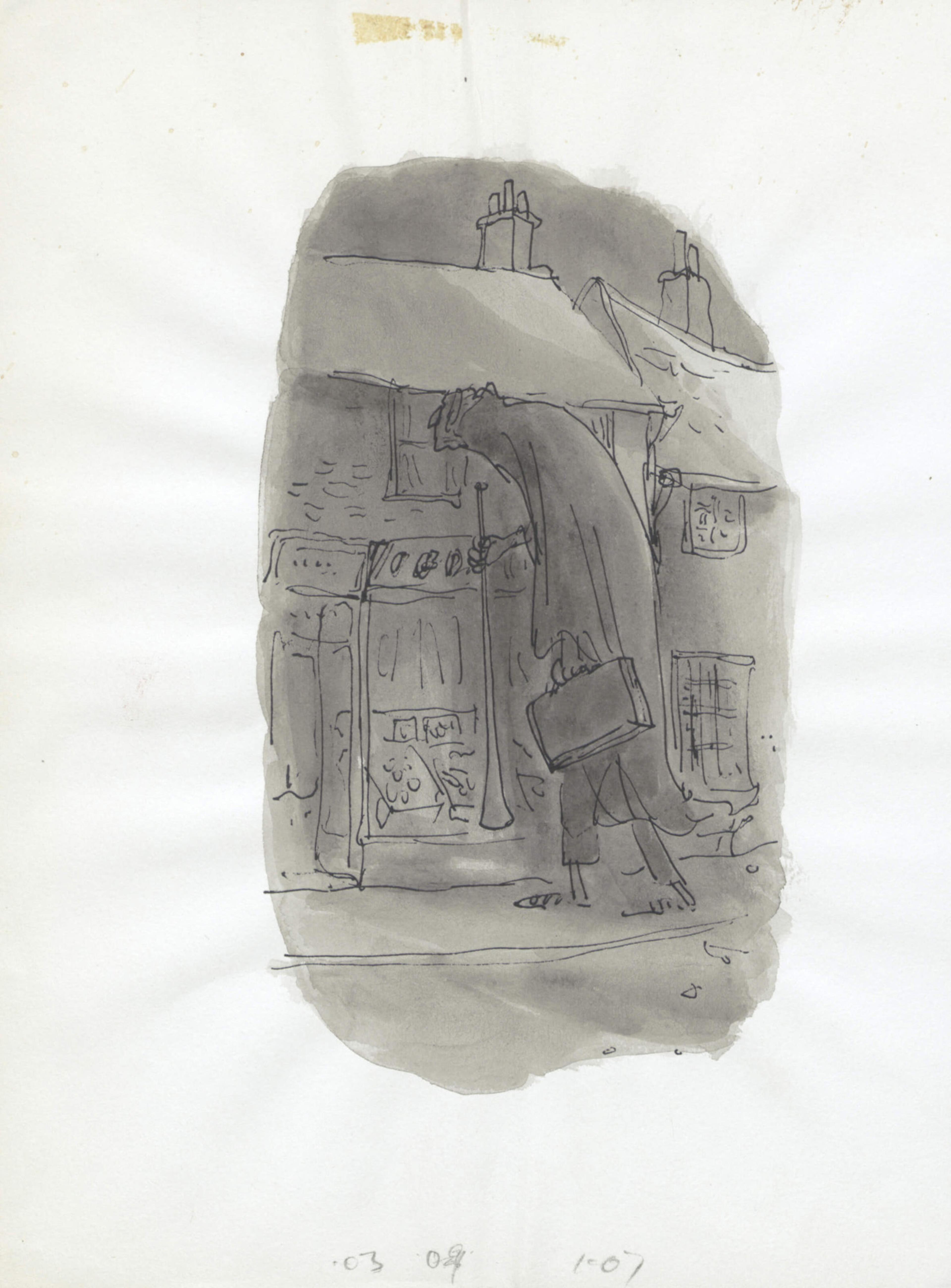 Drawing of a giant looking into a second storey window