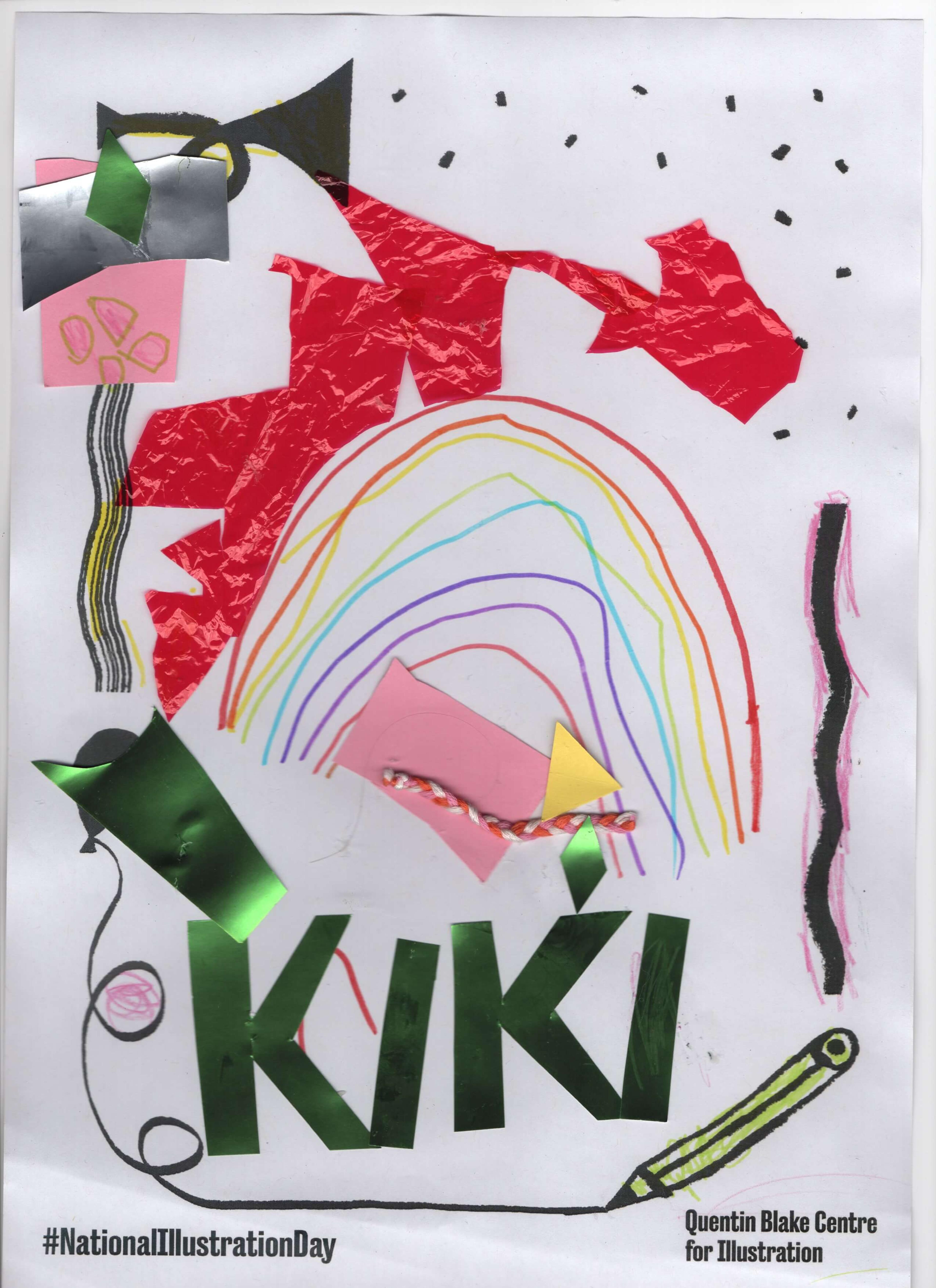 A rainbow surrounded by abstract pieces of collaged paper and the name 'Kiki' written using iridescent green paper.