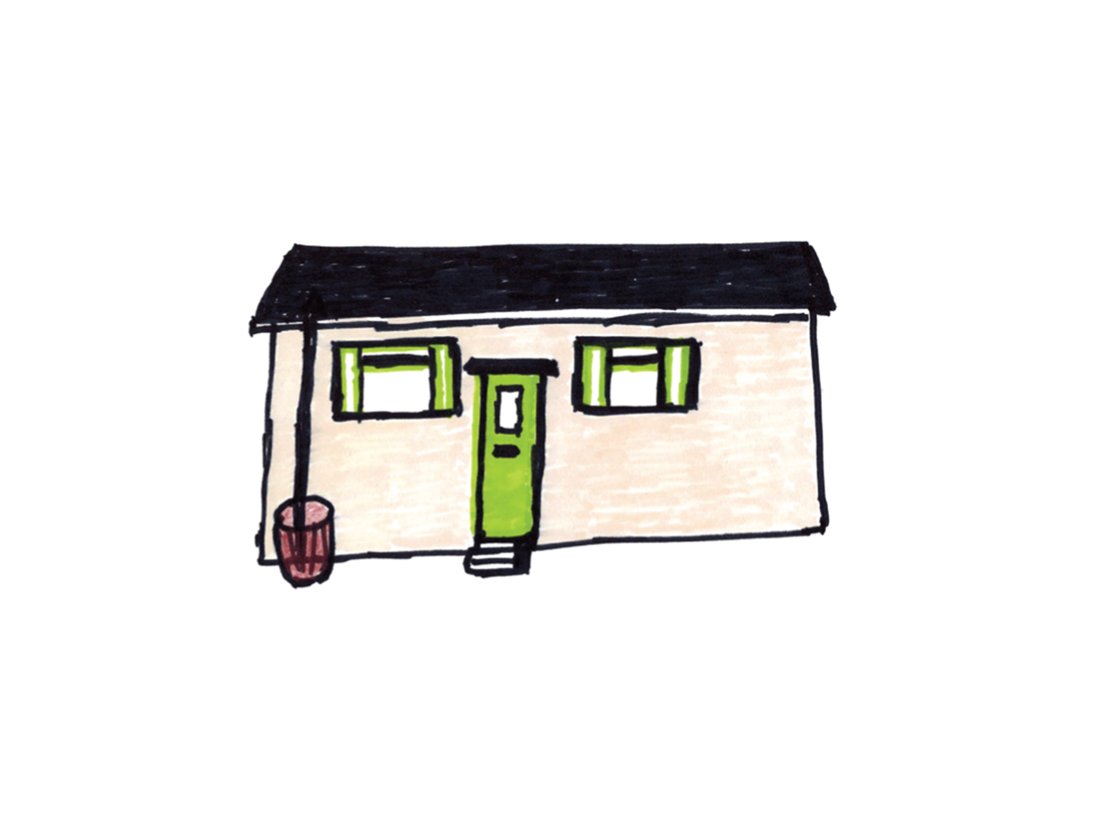 Illustration of one storey house with a green door and window frames